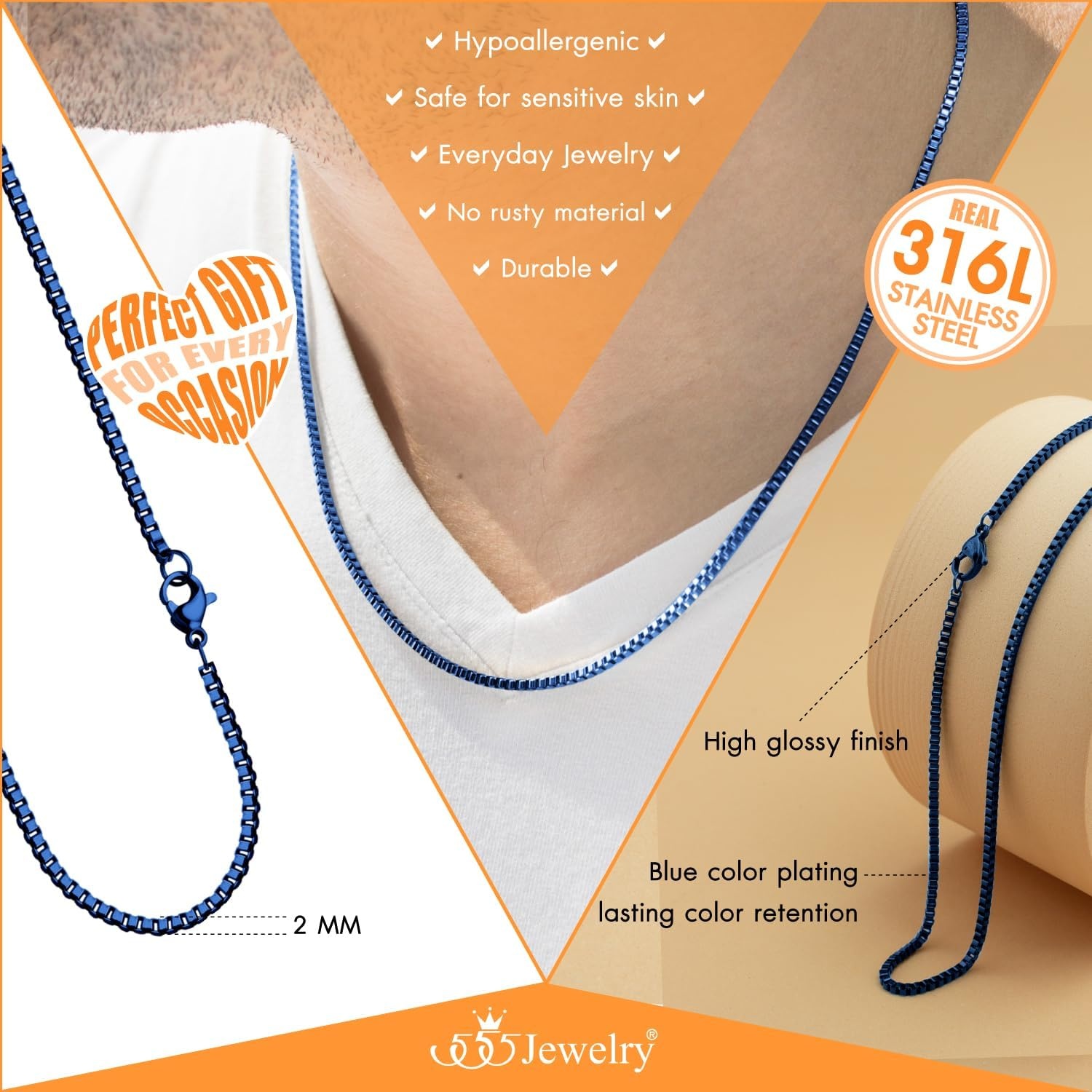 image:image555Jewelry 25mm Stainless Steel Box Chain Necklace for Men amp Women 1628 InchSquare Box Chain Blue