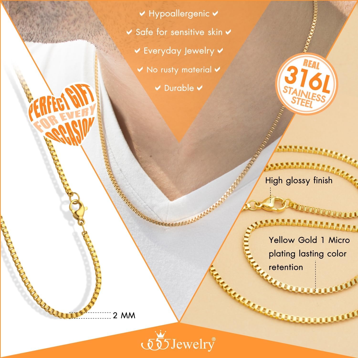 image:image555Jewelry 25mm Stainless Steel Box Chain Necklace for Men amp Women 1628 InchSquare Box Chain Gold