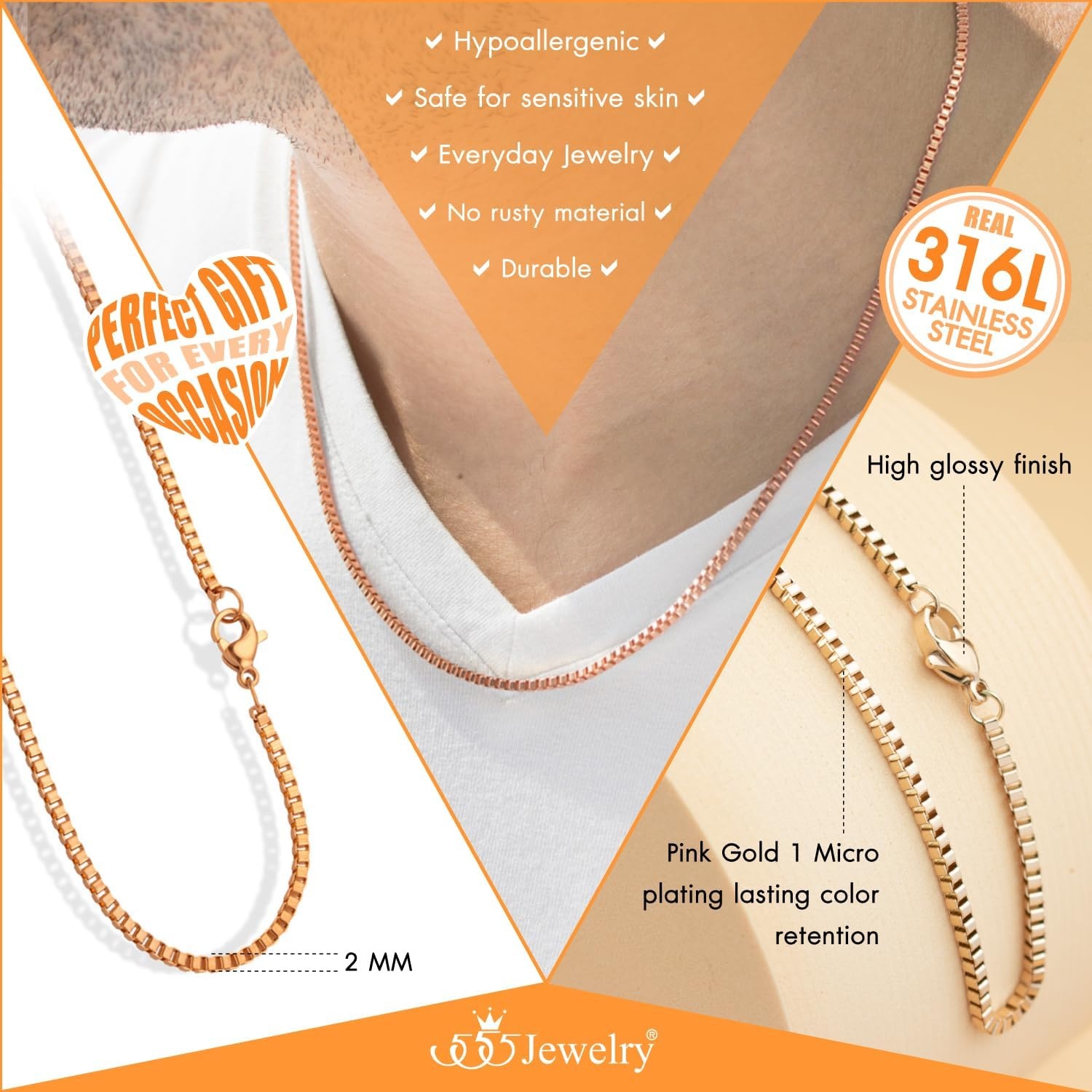 image:image555Jewelry 25mm Stainless Steel Box Chain Necklace for Men amp Women 1628 InchSquare Box Chain Rose Gold