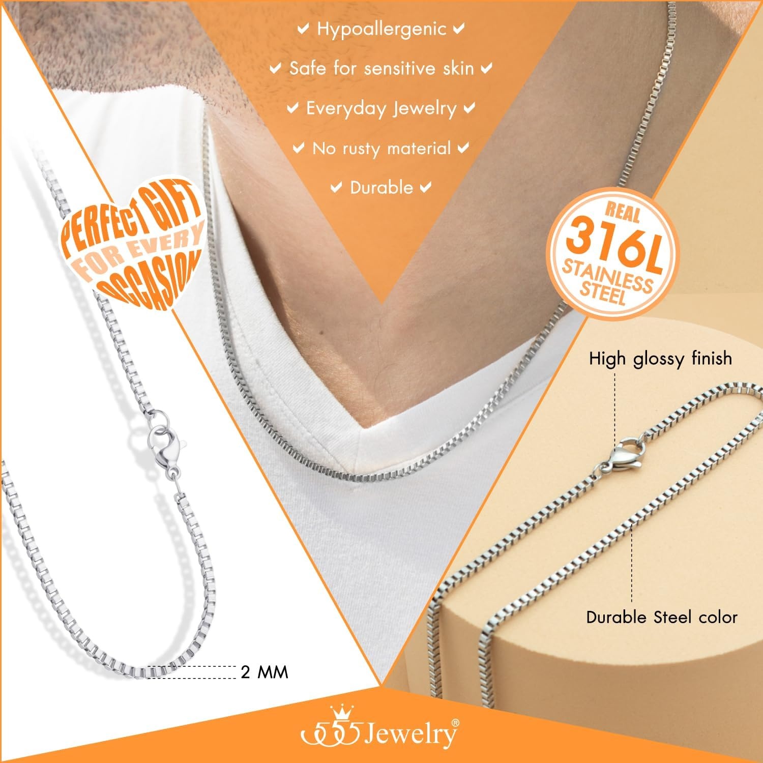 image:image555Jewelry 25mm Stainless Steel Box Chain Necklace for Men amp Women 1628 InchSquare Box Chain Silver