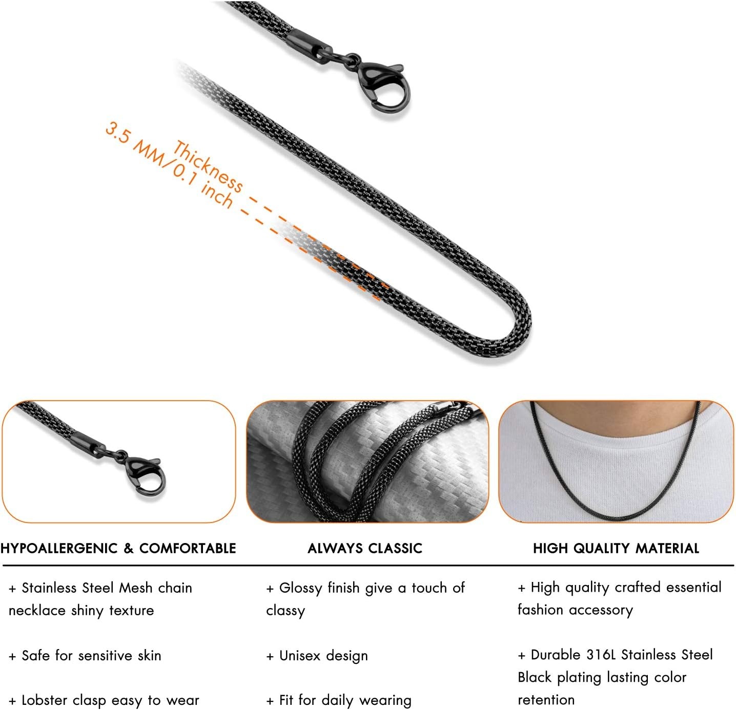 image:image555Jewelry 33mm Stainless Steel Mesh Necklace for Women amp Men Available in 1622Black