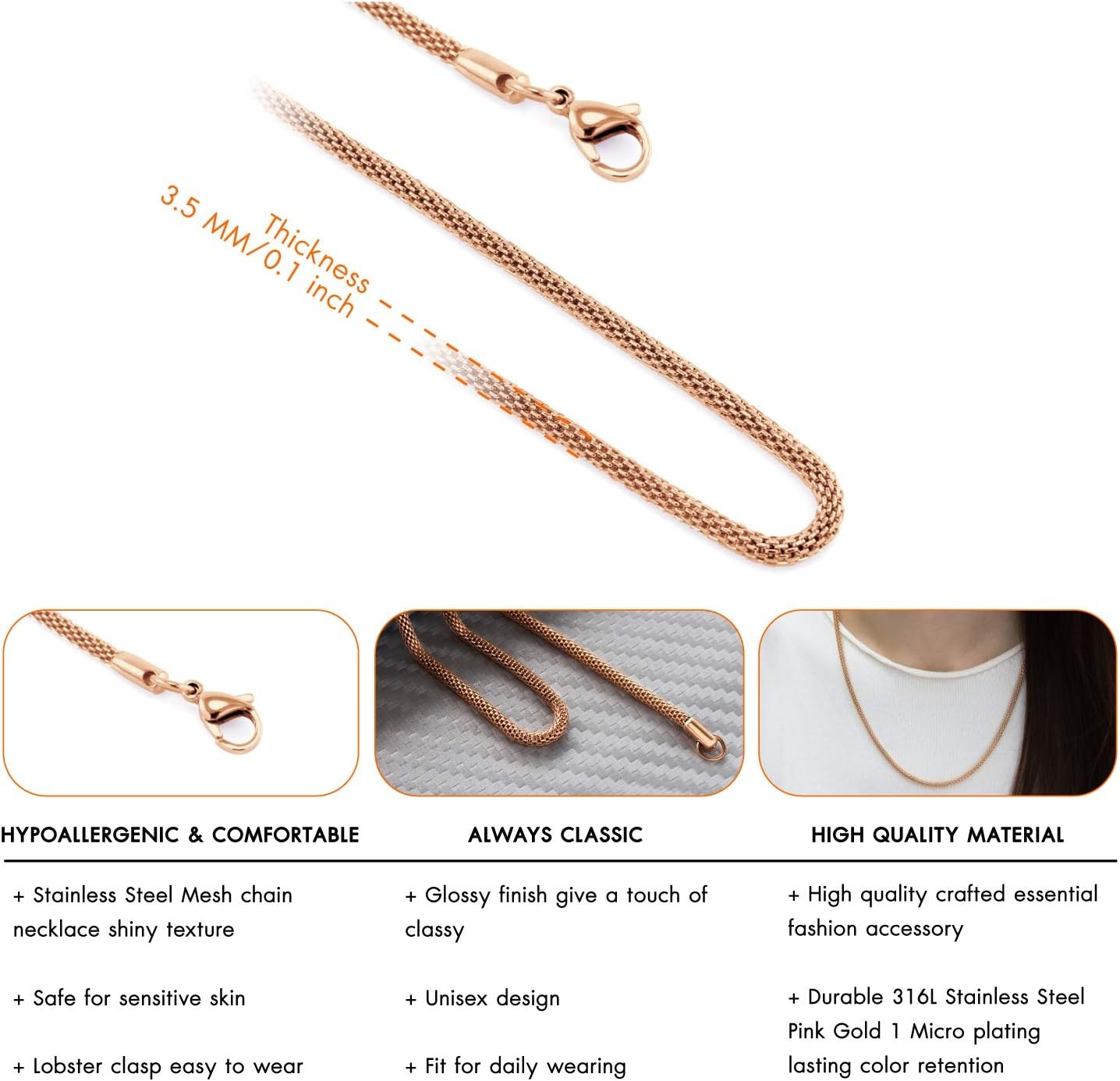 image:image555Jewelry 33mm Stainless Steel Mesh Necklace for Women amp Men Available in 1622Rose Gold