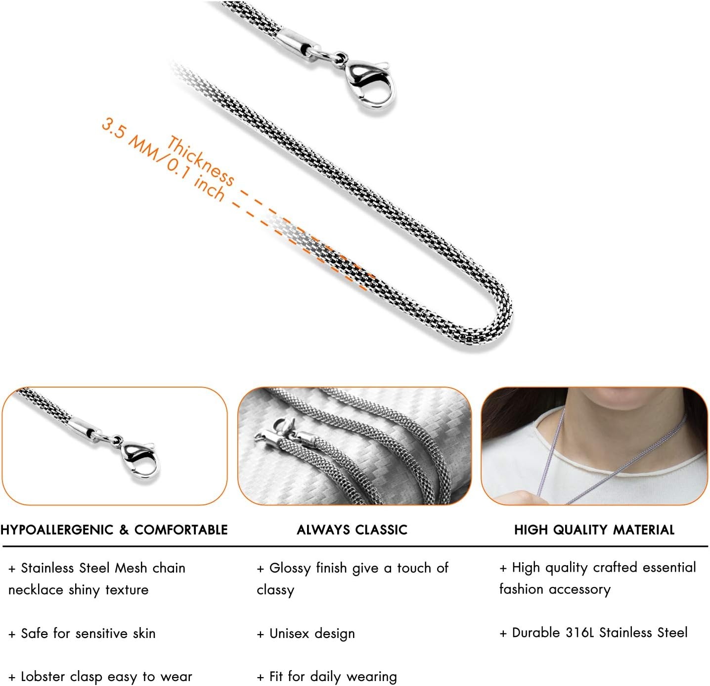 image:image555Jewelry 33mm Stainless Steel Mesh Necklace for Women amp Men Available in 1622Silver