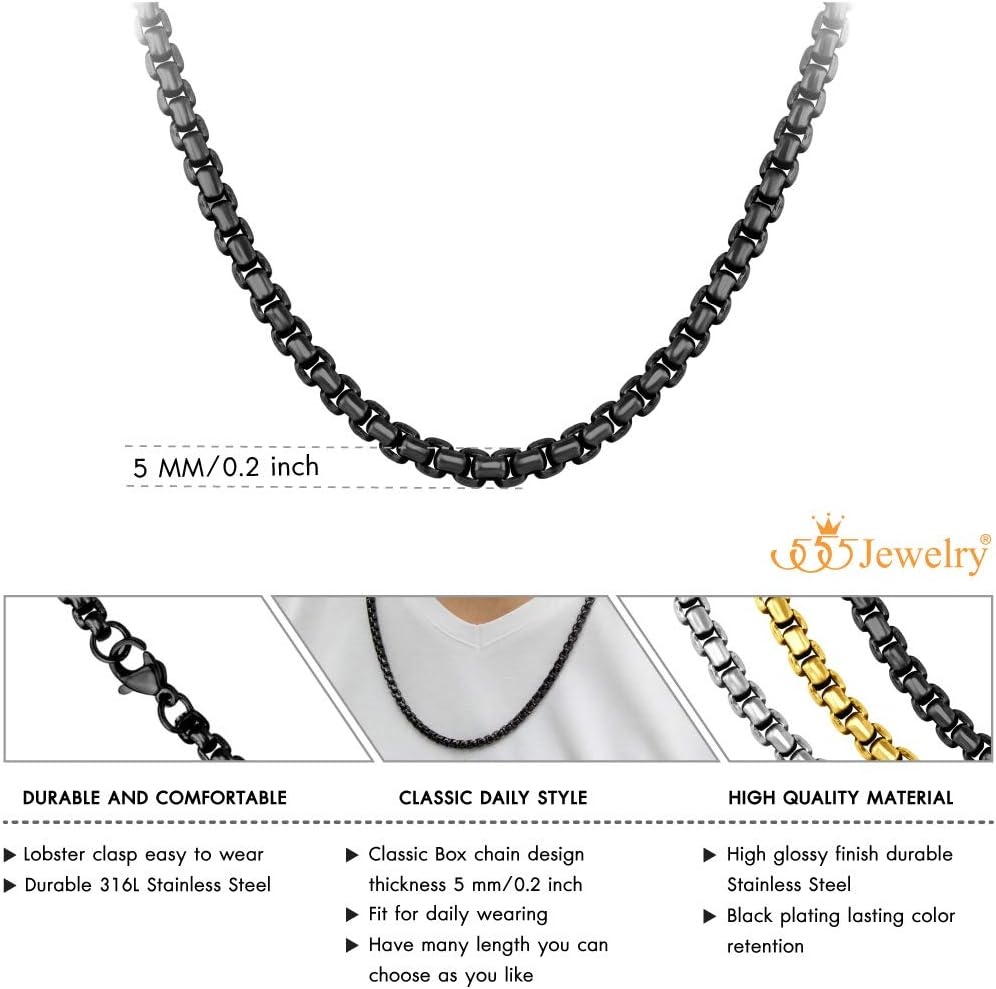 image:image555Jewelry 5mm Stainless Steel Box Chain Necklace for Men amp Women 1624 InchBlack