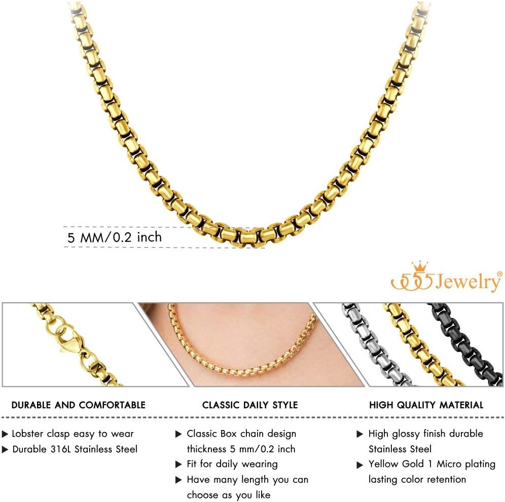 image:image555Jewelry 5mm Stainless Steel Box Chain Necklace for Men amp Women 1624 InchGold