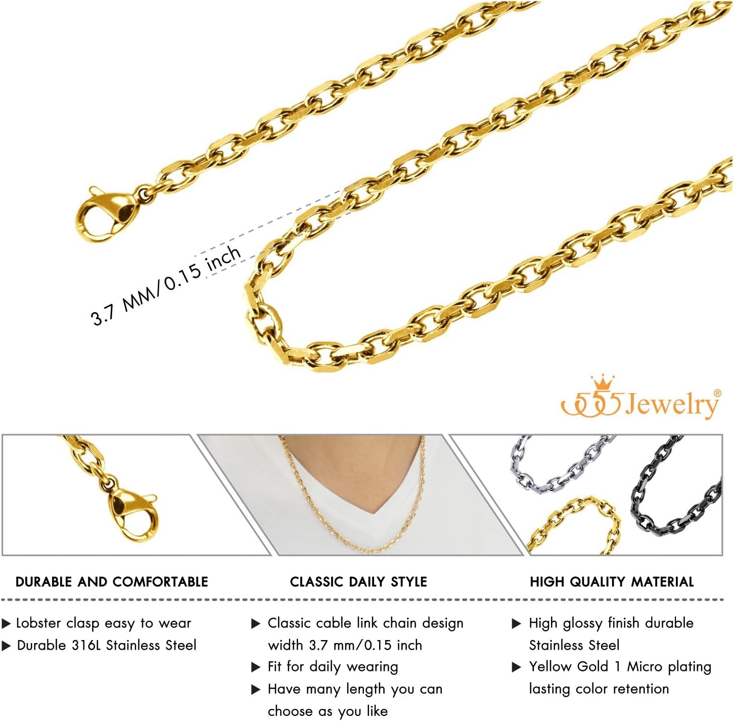 image:image555Jewelry 5mm Stainless Steel Cable Chain Necklace for Men amp Women 1624 InchGold