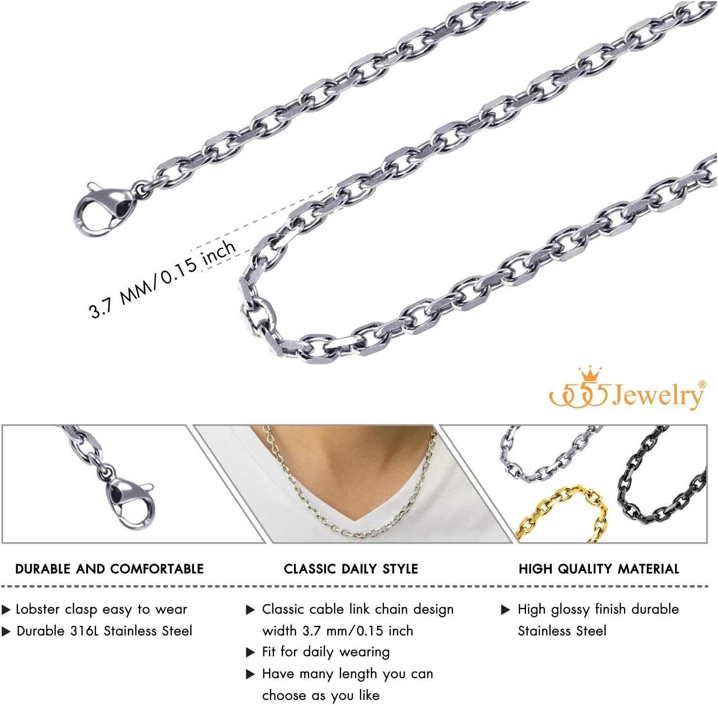 image:image555Jewelry 5mm Stainless Steel Cable Chain Necklace for Men amp Women 1624 InchSilver