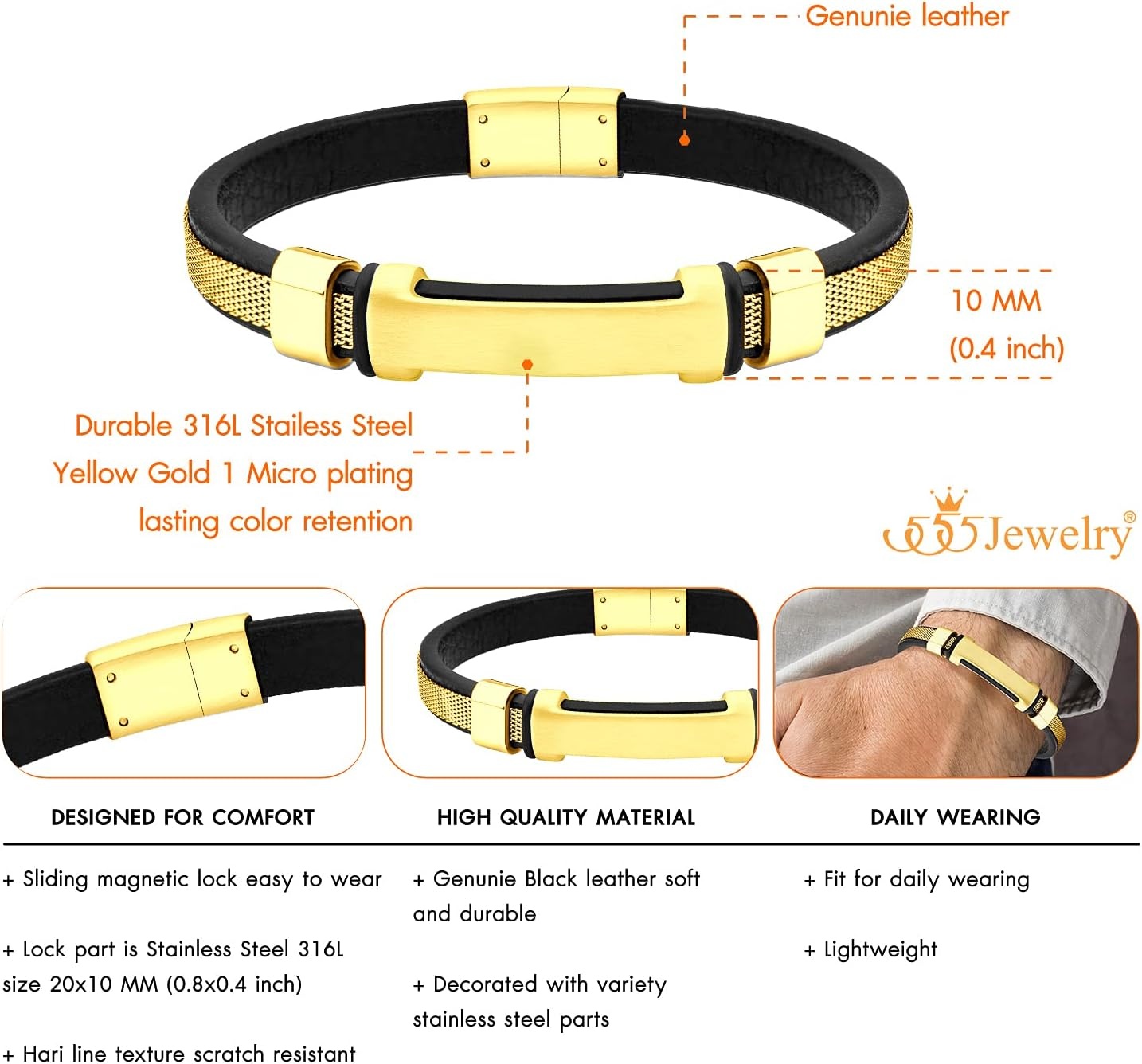image:image555Jewelry Braided Stainless Steel amp Genuine Black Leather Bracelet for MenGold
