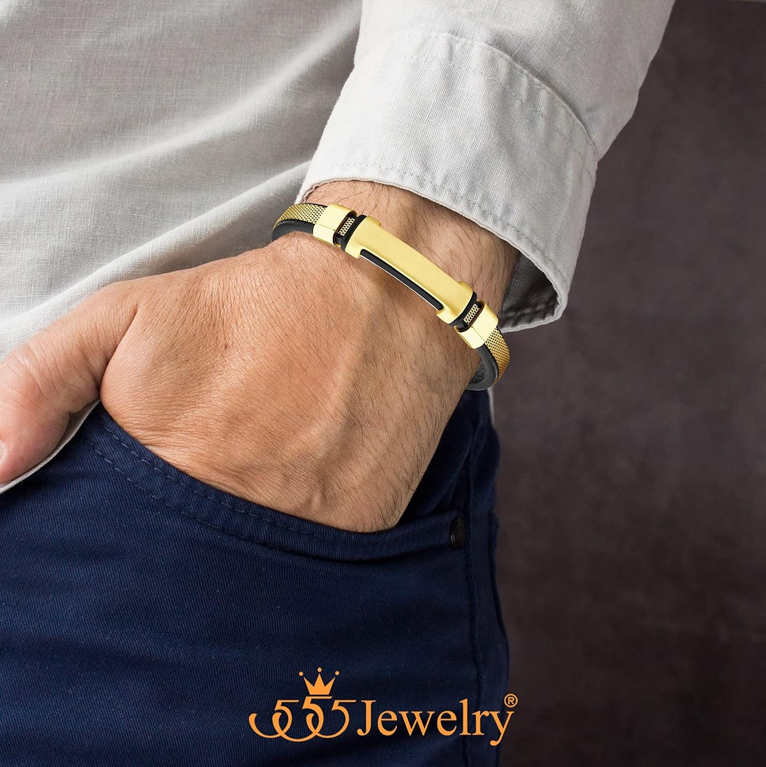 image:image555Jewelry Braided Stainless Steel amp Genuine Black Leather Bracelet for MenGold