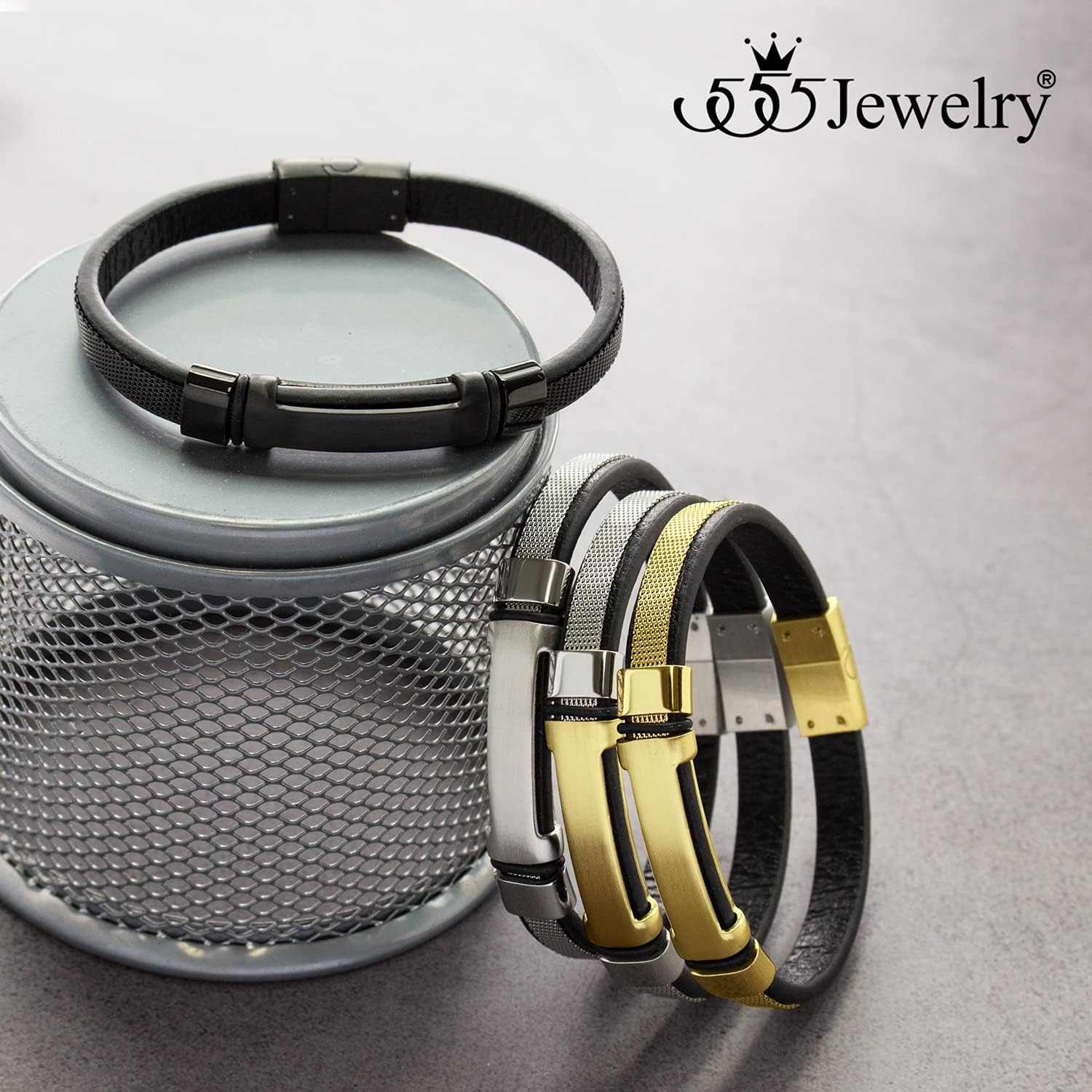 image:image555Jewelry Braided Stainless Steel amp Genuine Black Leather Bracelet for MenGold