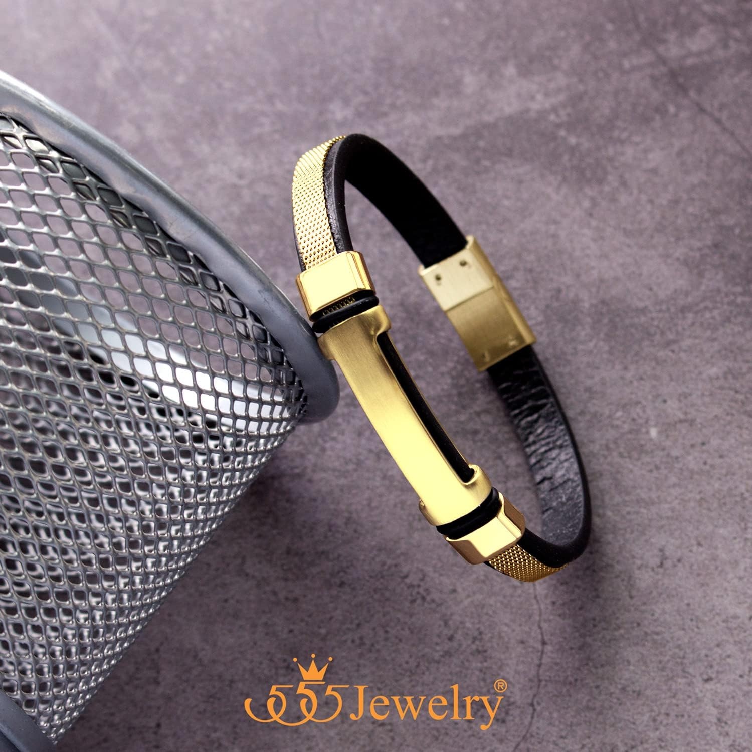 image:image555Jewelry Braided Stainless Steel amp Genuine Black Leather Bracelet for MenGold