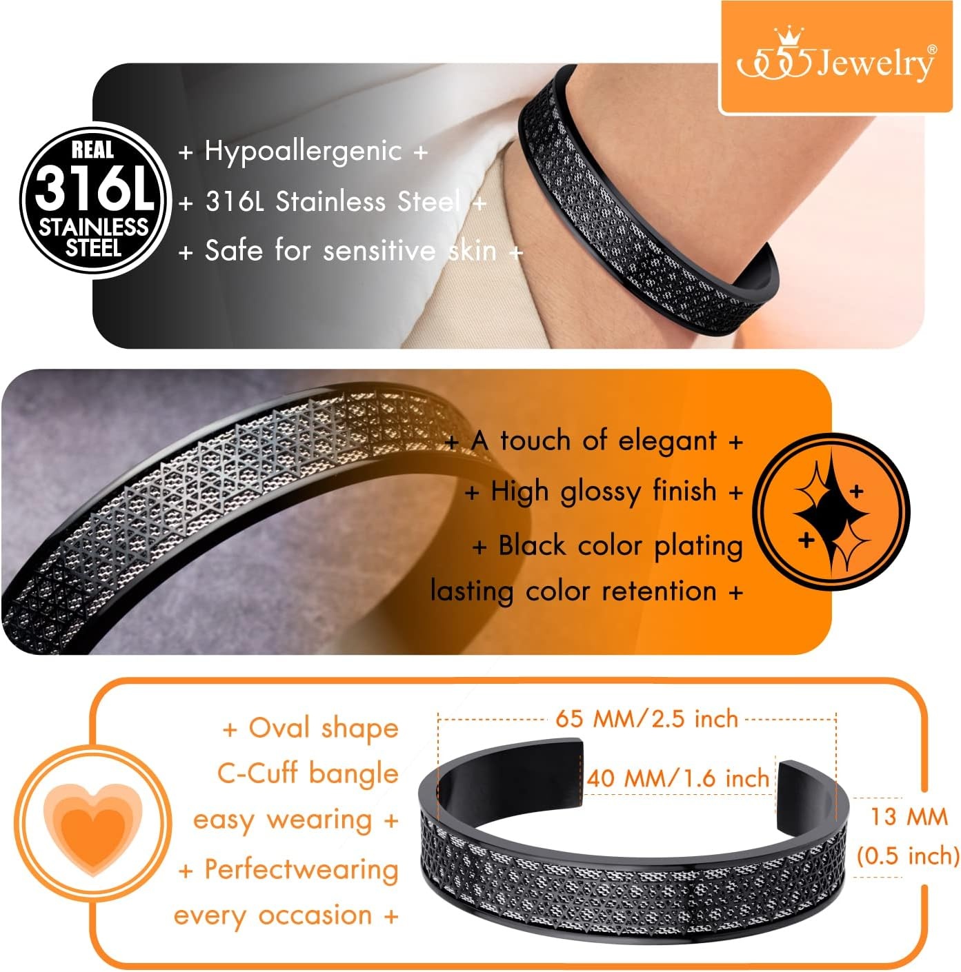 image:image555Jewelry Exclusive Stainless Steel Star of David Open Cuff Bangle Bracelet for MenBlackSilver
