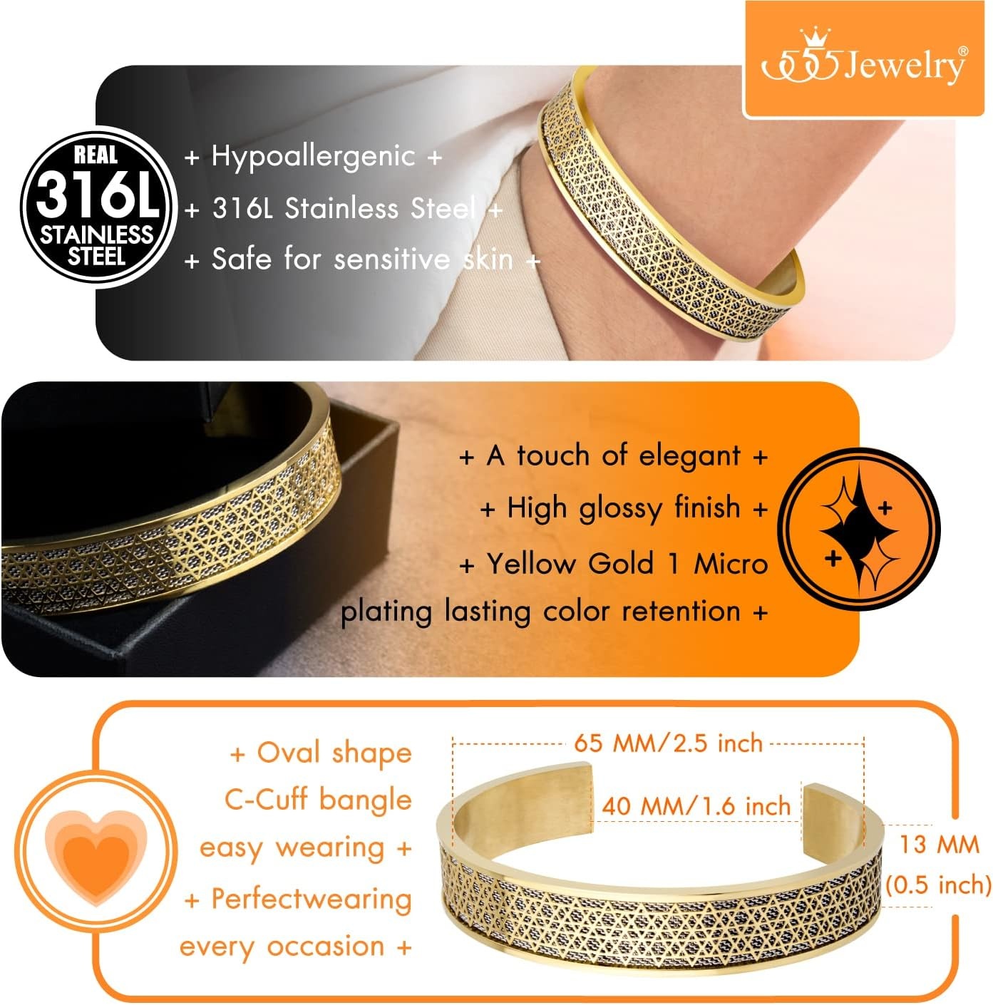 image:image555Jewelry Exclusive Stainless Steel Star of David Open Cuff Bangle Bracelet for MenGoldSilver
