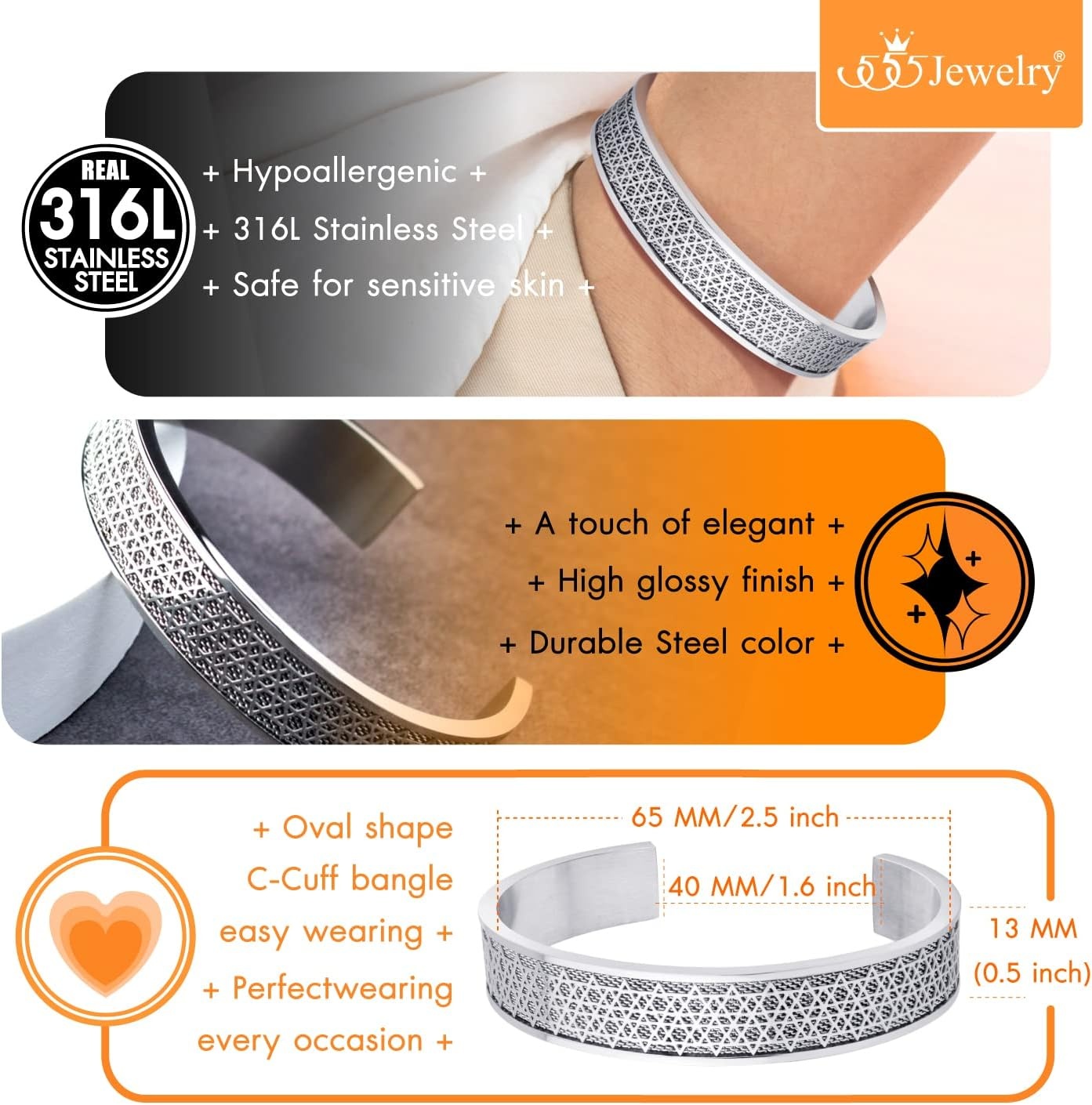 image:image555Jewelry Exclusive Stainless Steel Star of David Open Cuff Bangle Bracelet for MenSilver