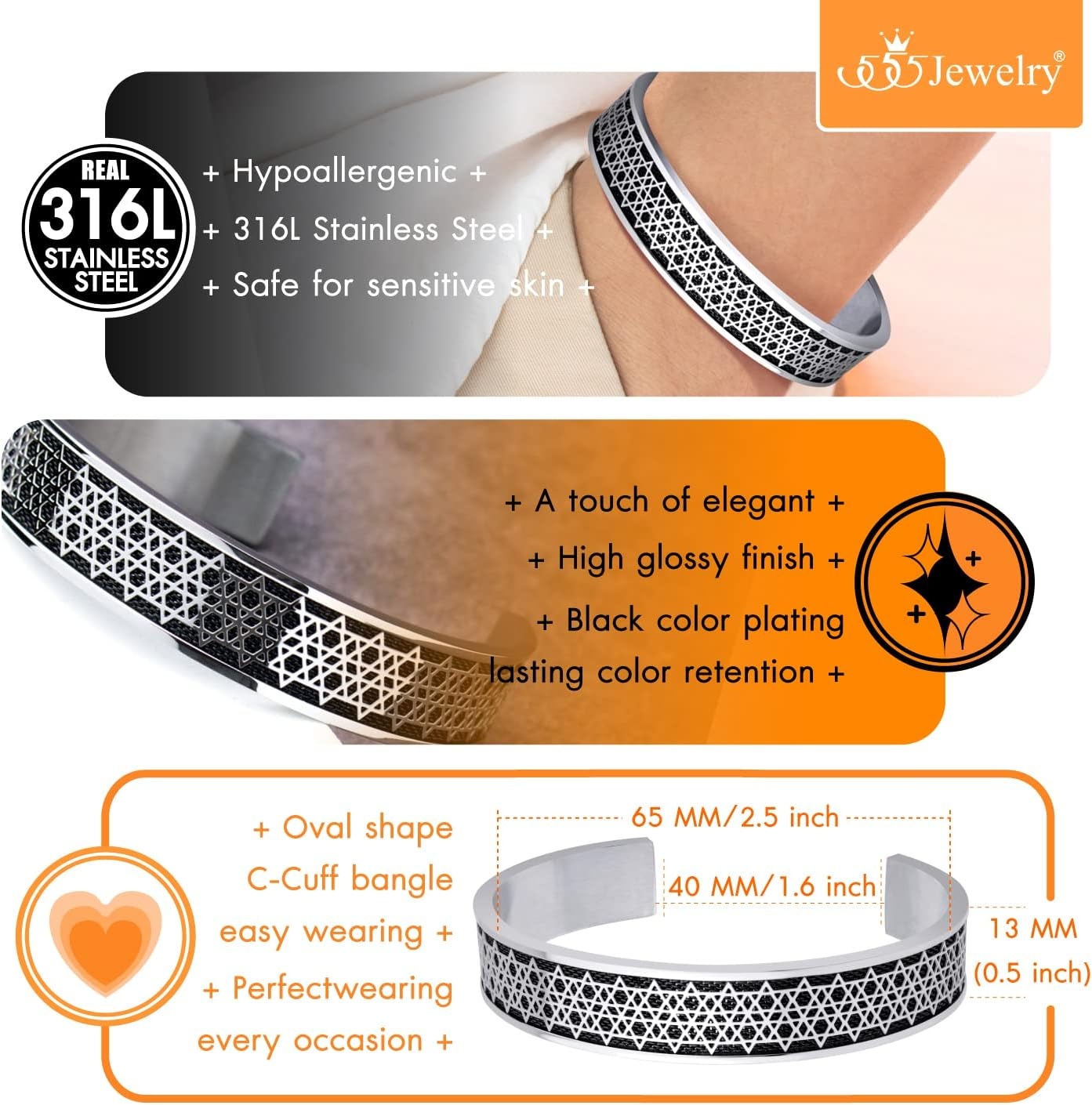 image:image555Jewelry Exclusive Stainless Steel Star of David Open Cuff Bangle Bracelet for MenSilverBlack