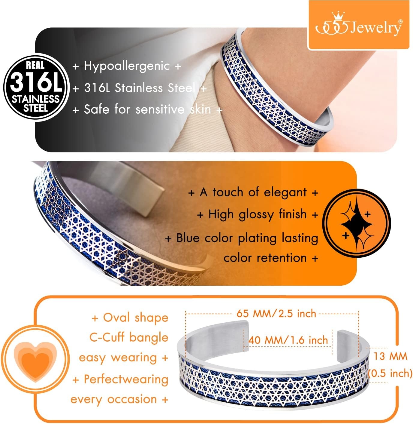 image:image555Jewelry Exclusive Stainless Steel Star of David Open Cuff Bangle Bracelet for MenSilverBlue