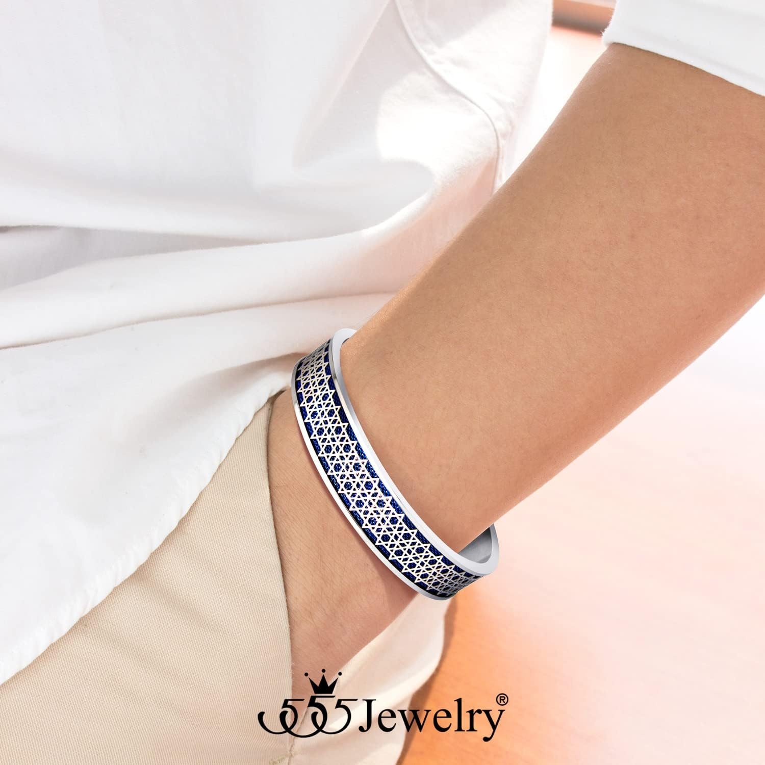 image:image555Jewelry Exclusive Stainless Steel Star of David Open Cuff Bangle Bracelet for MenSilverBlue