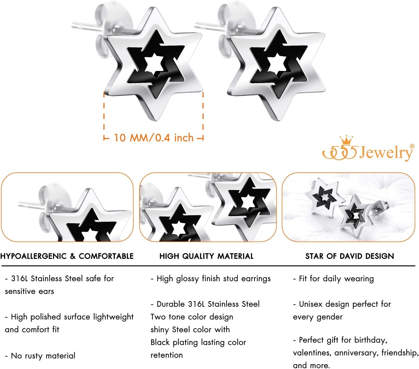 image:image555Jewelry Hypoallergenic Stainless Steel Star of David Stud Earrings for Women amp LadiesSilver Black