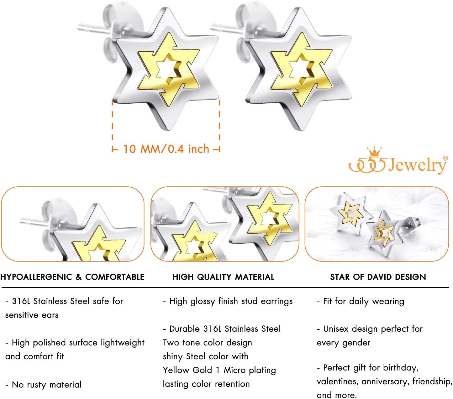 image:image555Jewelry Hypoallergenic Stainless Steel Star of David Stud Earrings for Women amp LadiesSilver Gold