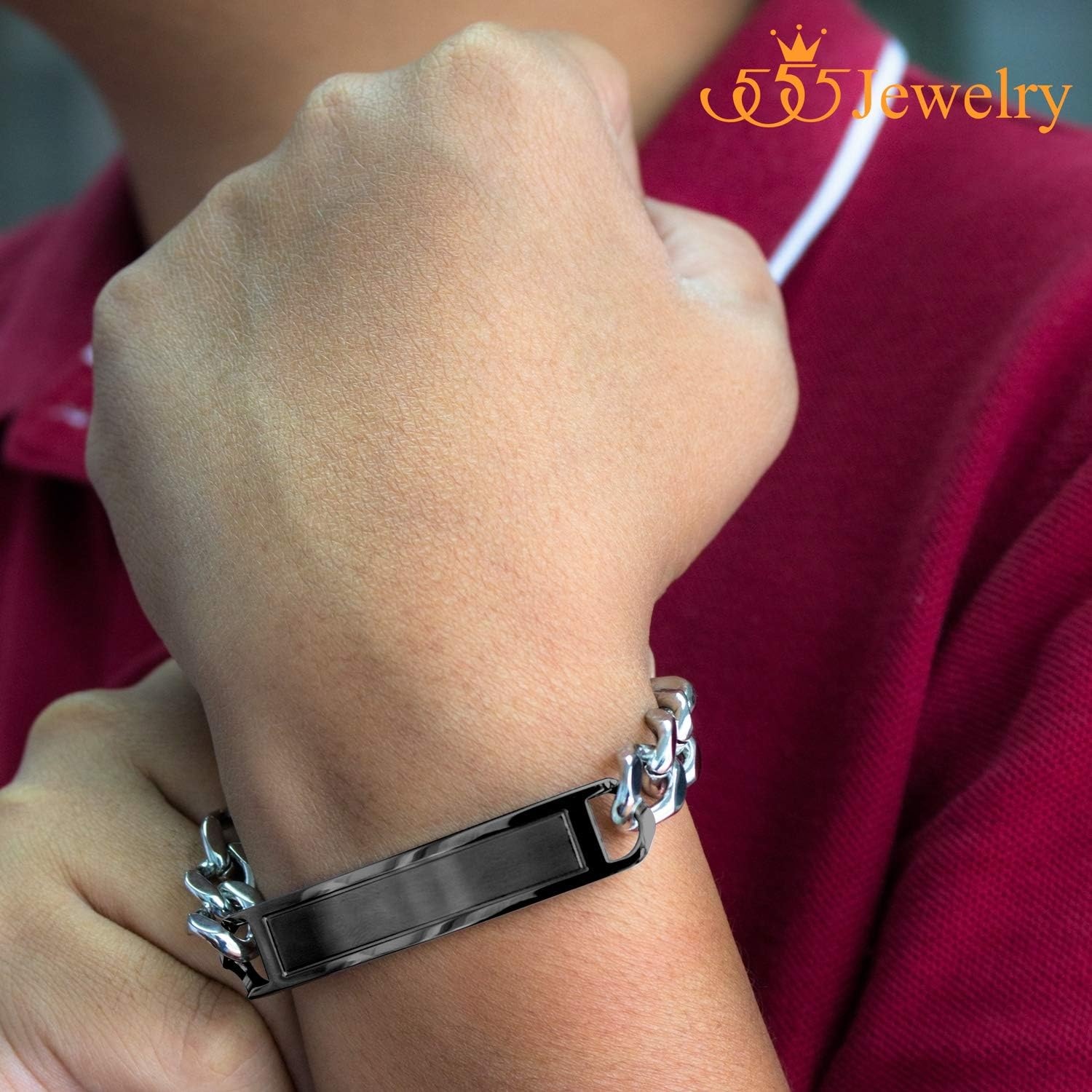 image:image555Jewelry Mens Stainless Steel Bar Plate Tag Cuban Link Curb Chain BraceletBlack