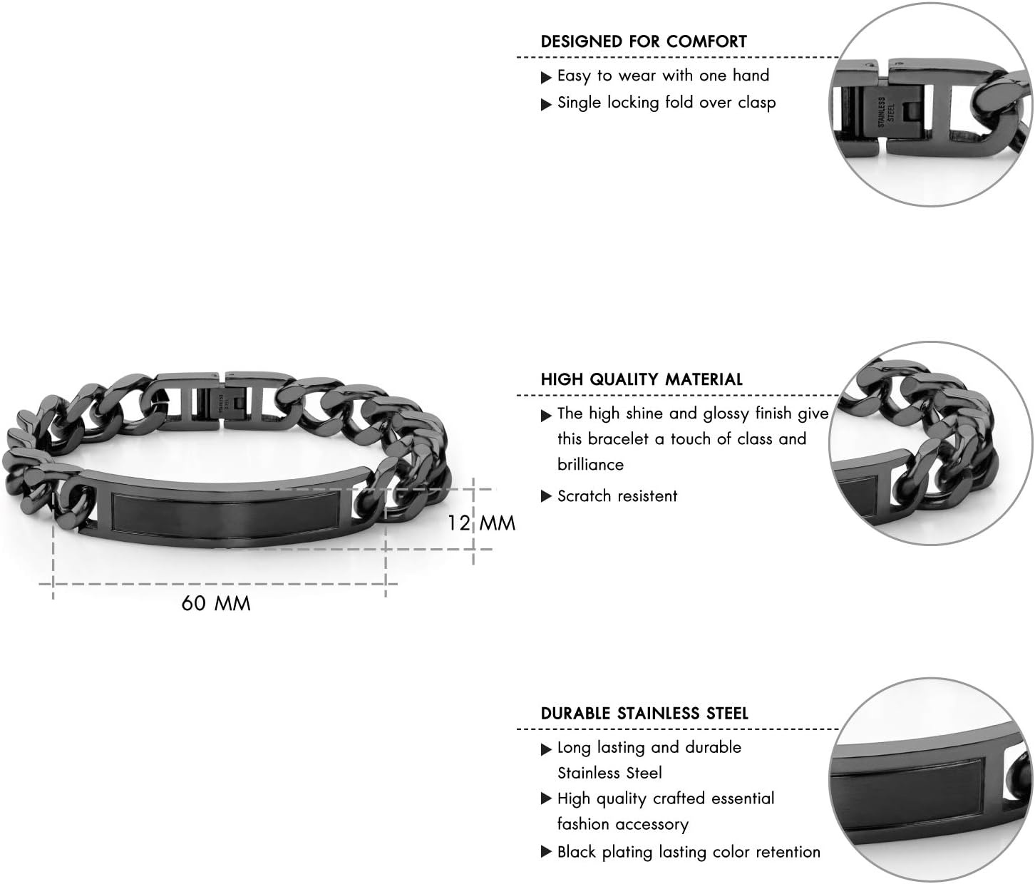image:image555Jewelry Mens Stainless Steel Bar Plate Tag Cuban Link Curb Chain BraceletBlack