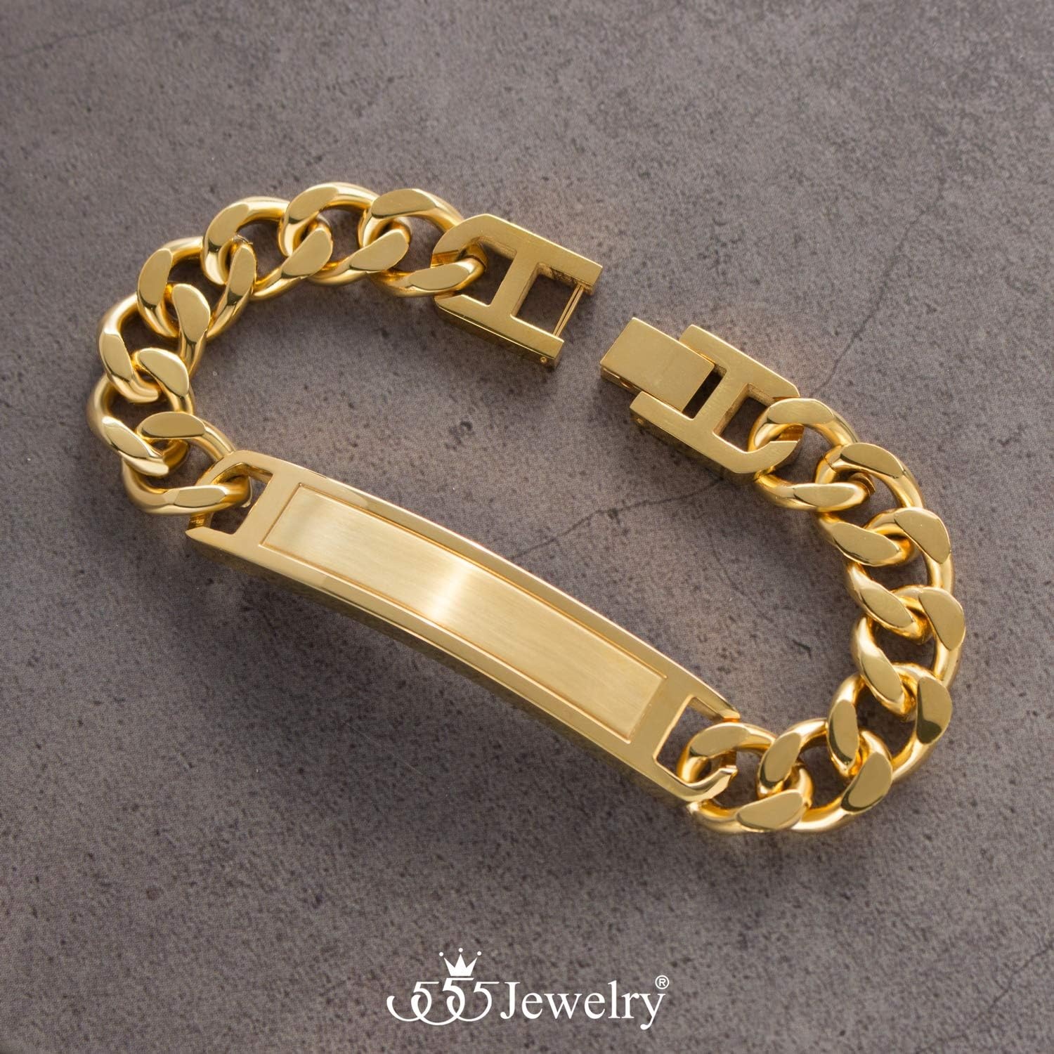 image:image555Jewelry Mens Stainless Steel Bar Plate Tag Cuban Link Curb Chain BraceletYellow Gold