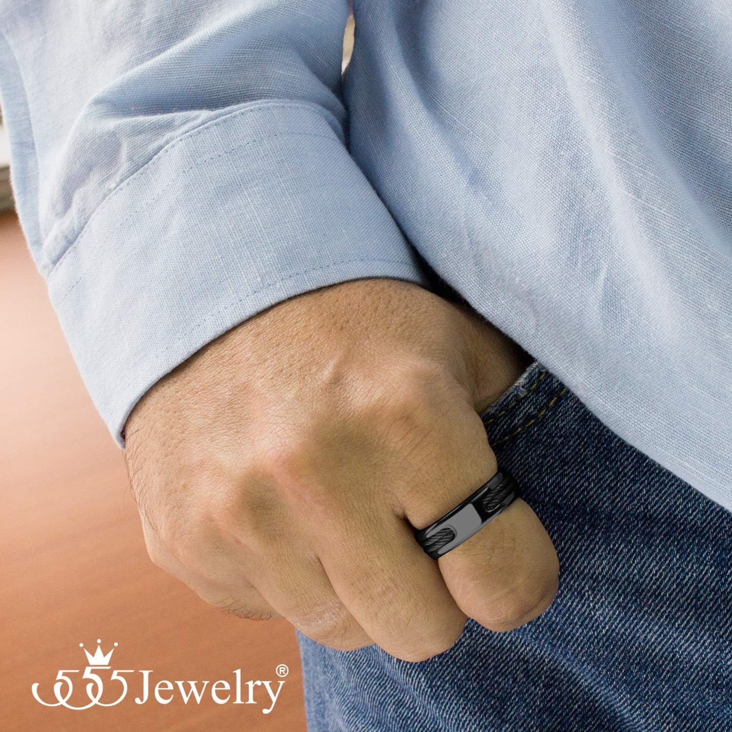 image:image555Jewelry Stainless Steel Double Twisted Cable Rows Inlay Ring Wedding Band for MenBlack