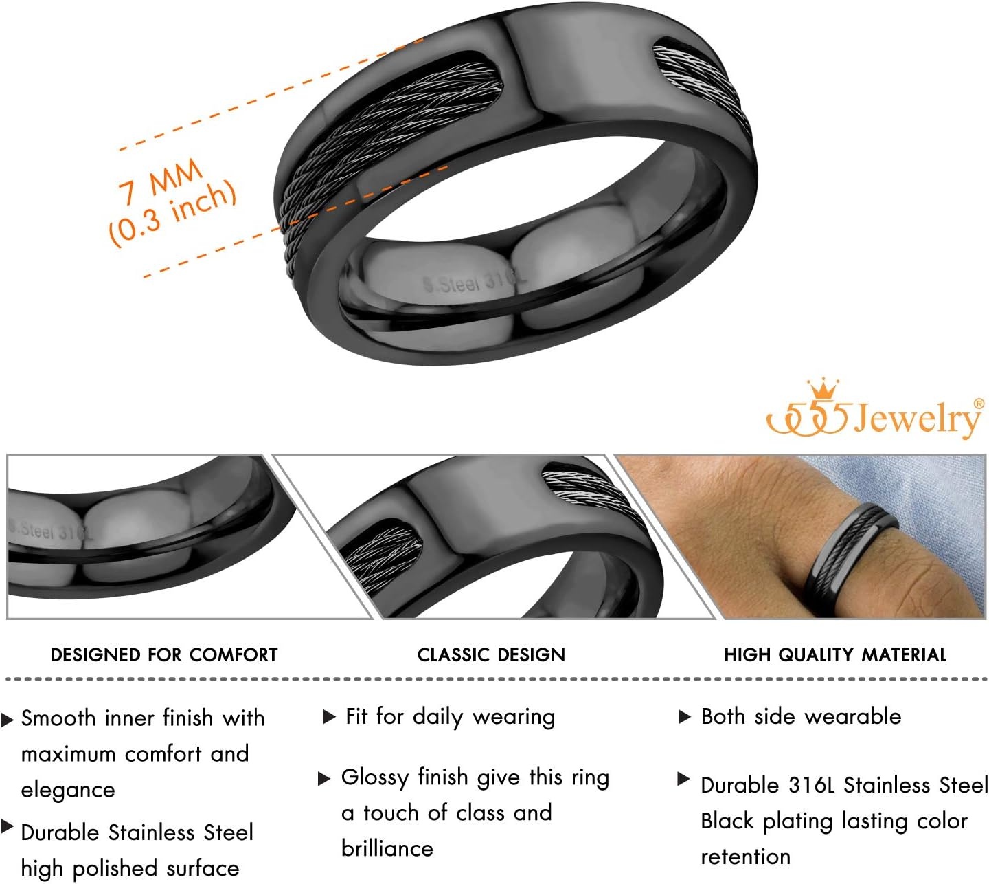 image:image555Jewelry Stainless Steel Double Twisted Cable Rows Inlay Ring Wedding Band for MenBlack
