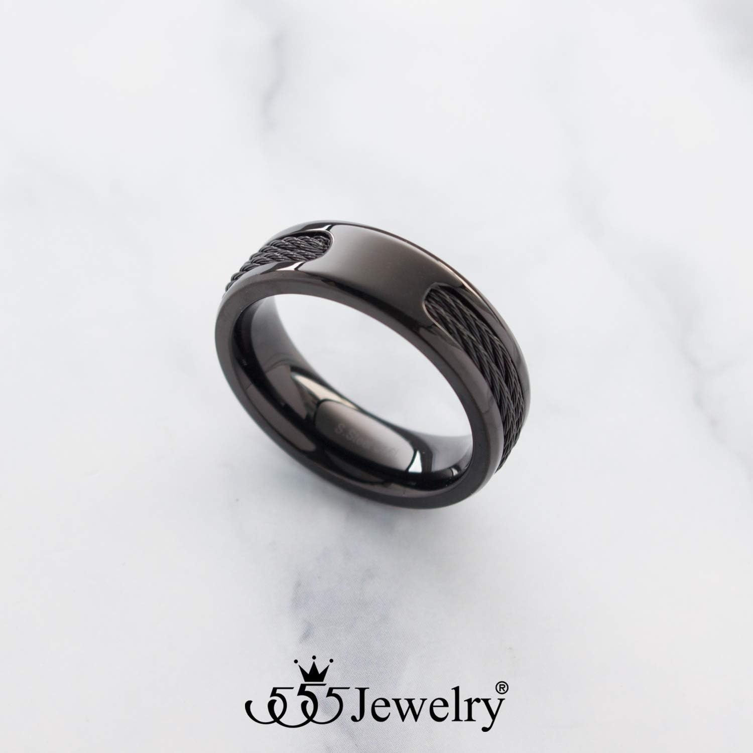 image:image555Jewelry Stainless Steel Double Twisted Cable Rows Inlay Ring Wedding Band for MenBlack