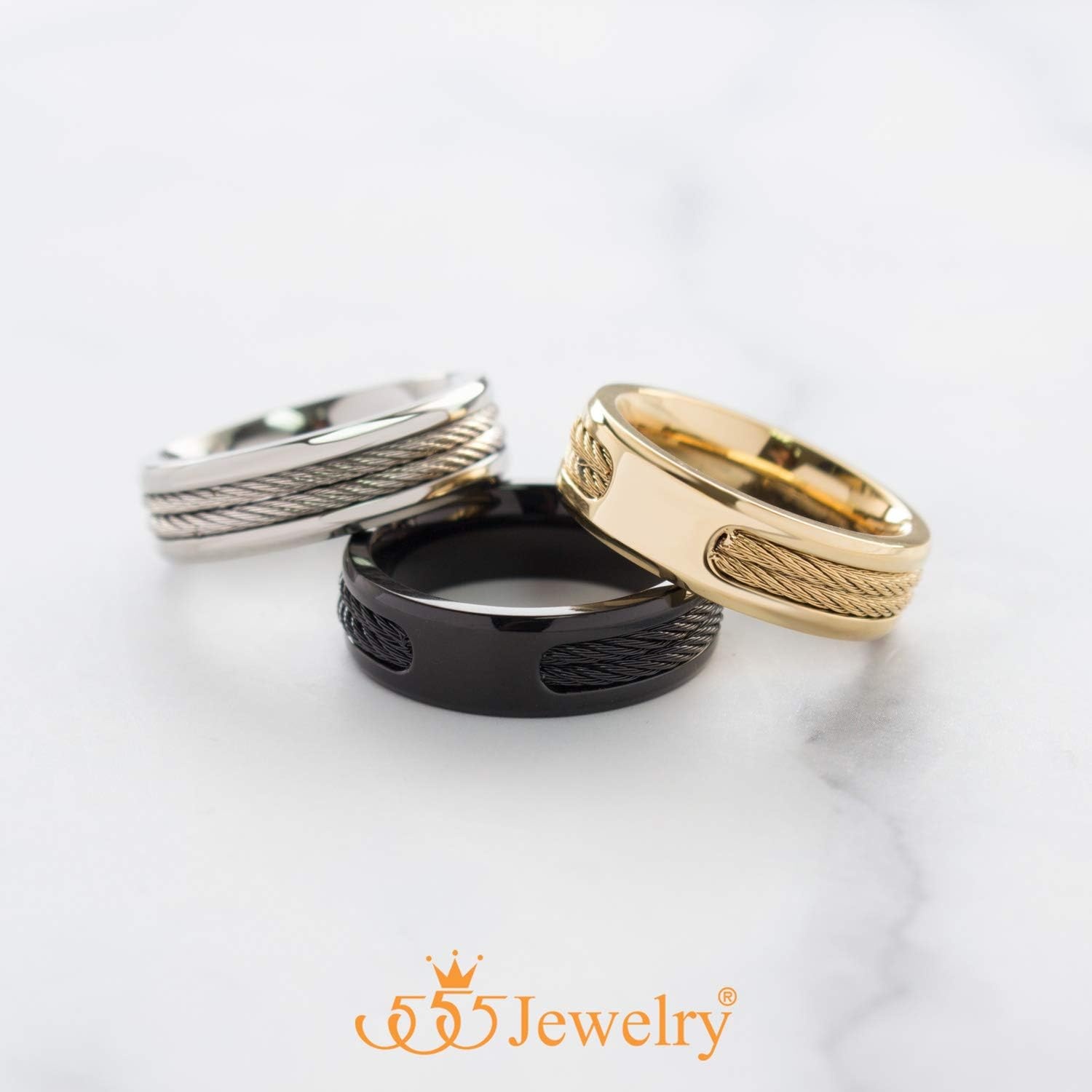 image:image555Jewelry Stainless Steel Double Twisted Cable Rows Inlay Ring Wedding Band for MenGold