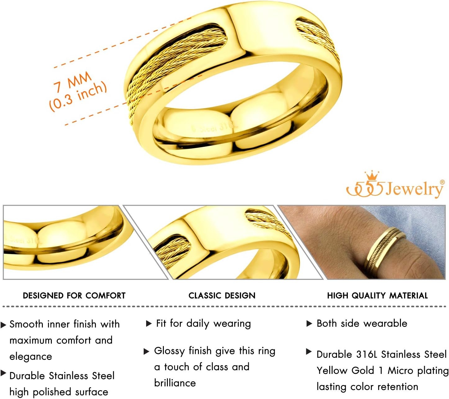 image:image555Jewelry Stainless Steel Double Twisted Cable Rows Inlay Ring Wedding Band for MenGold