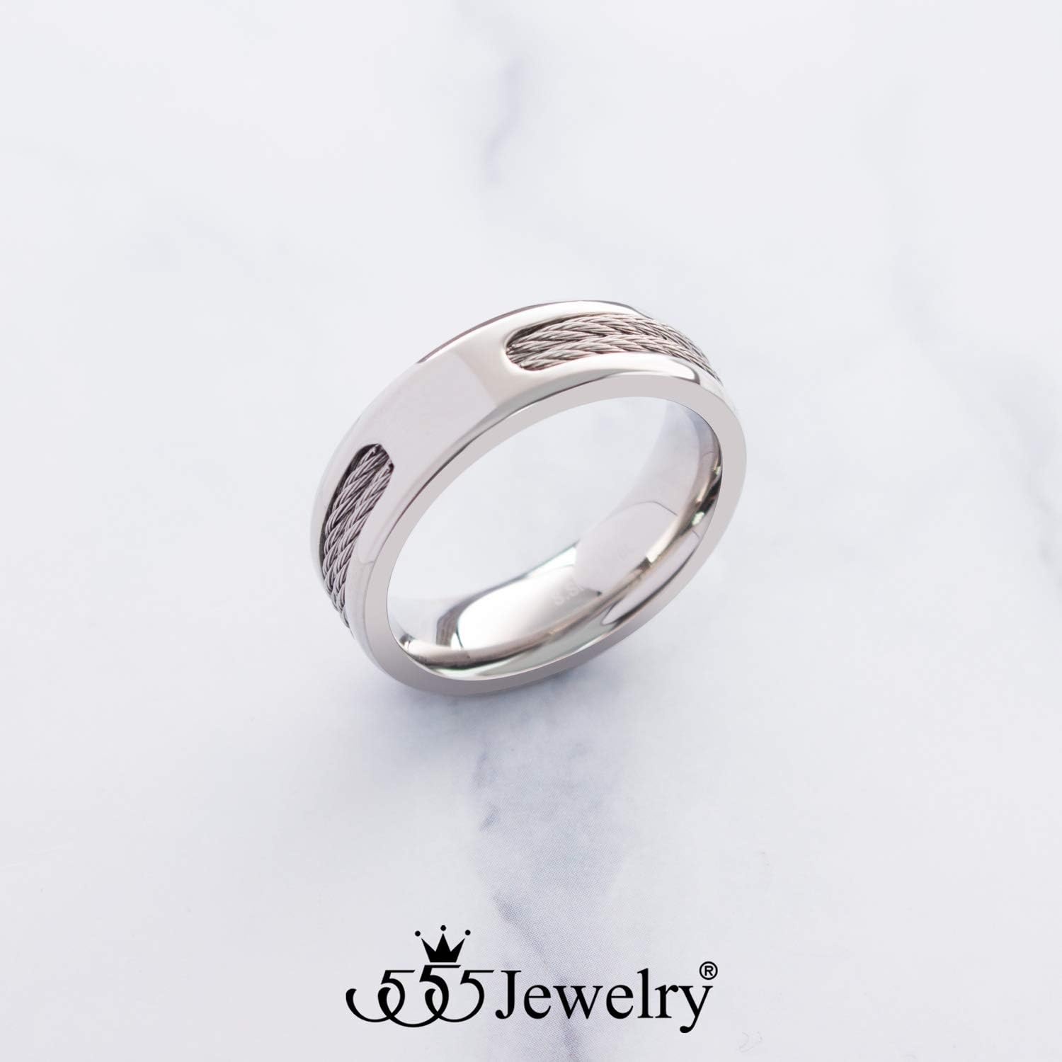 image:image555Jewelry Stainless Steel Double Twisted Cable Rows Inlay Ring Wedding Band for MenSilver