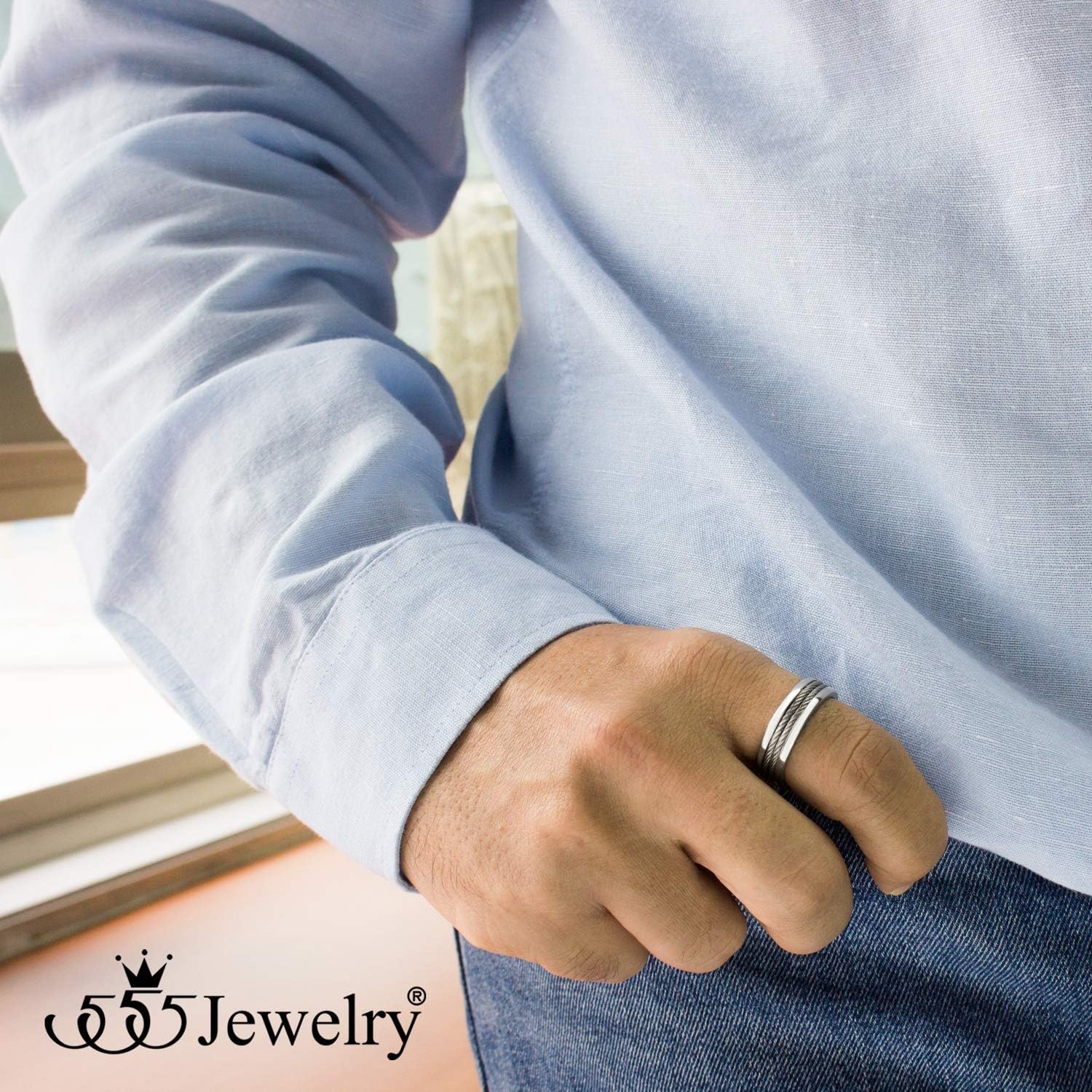 image:image555Jewelry Stainless Steel Double Twisted Cable Rows Inlay Ring Wedding Band for MenSilver