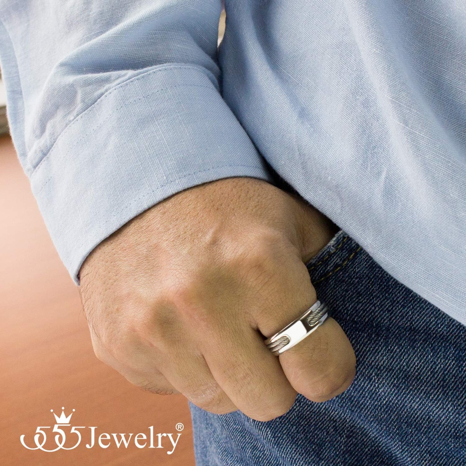 image:image555Jewelry Stainless Steel Double Twisted Cable Rows Inlay Ring Wedding Band for MenSilver