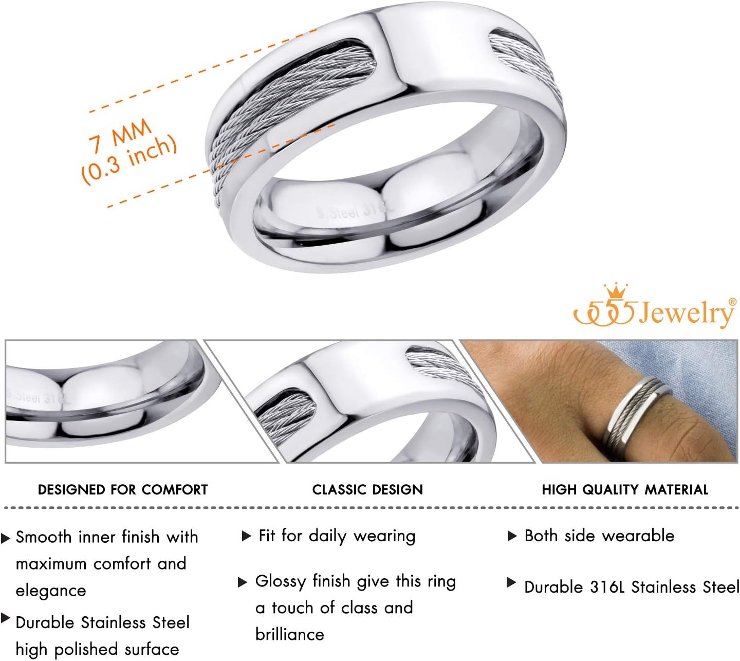 image:image555Jewelry Stainless Steel Double Twisted Cable Rows Inlay Ring Wedding Band for MenSilver