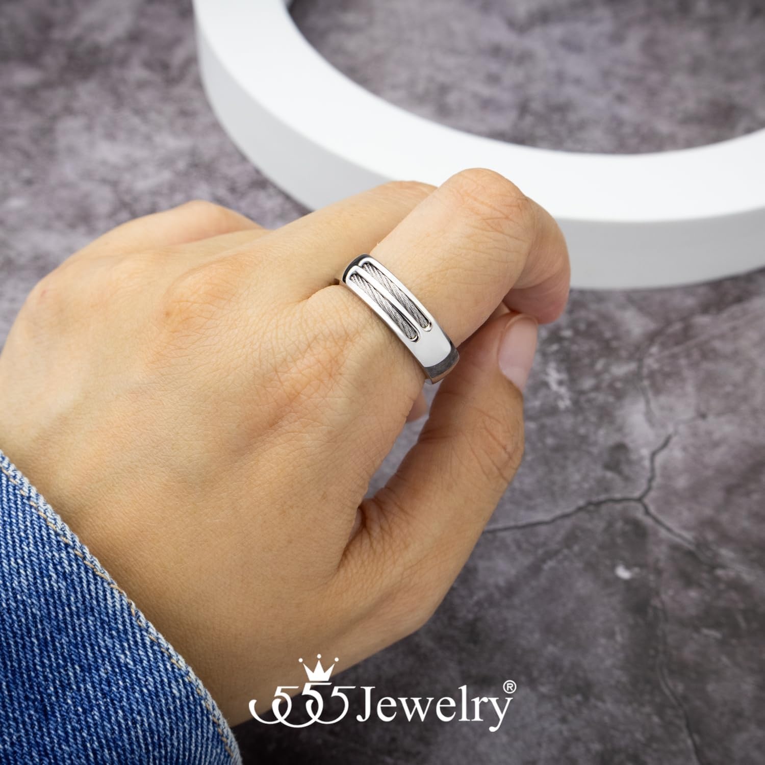 image:image555Jewelry Stainless Steel Double Twisted Cable Rows Inlay Ring Wedding Band for MenSilver Style 2