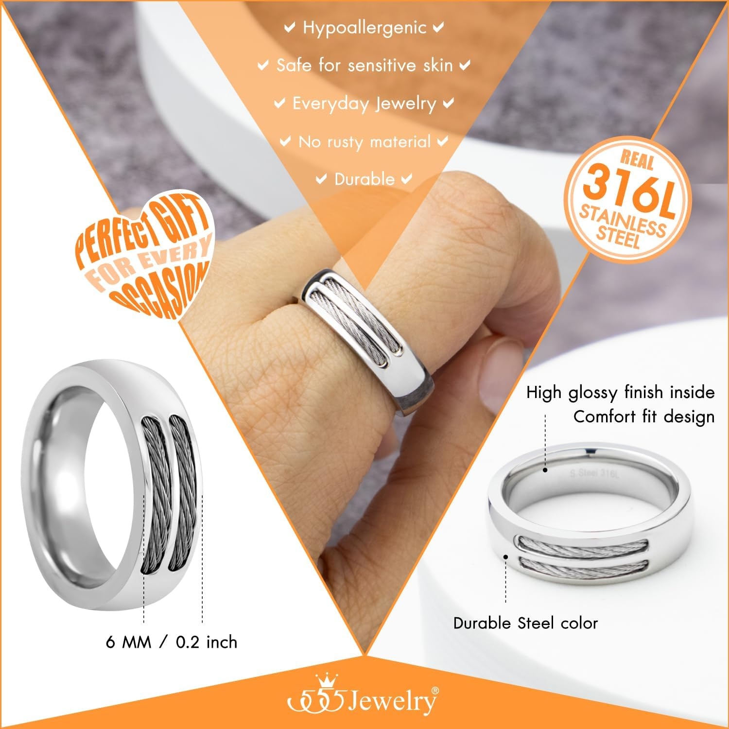 image:image555Jewelry Stainless Steel Double Twisted Cable Rows Inlay Ring Wedding Band for MenSilver Style 2