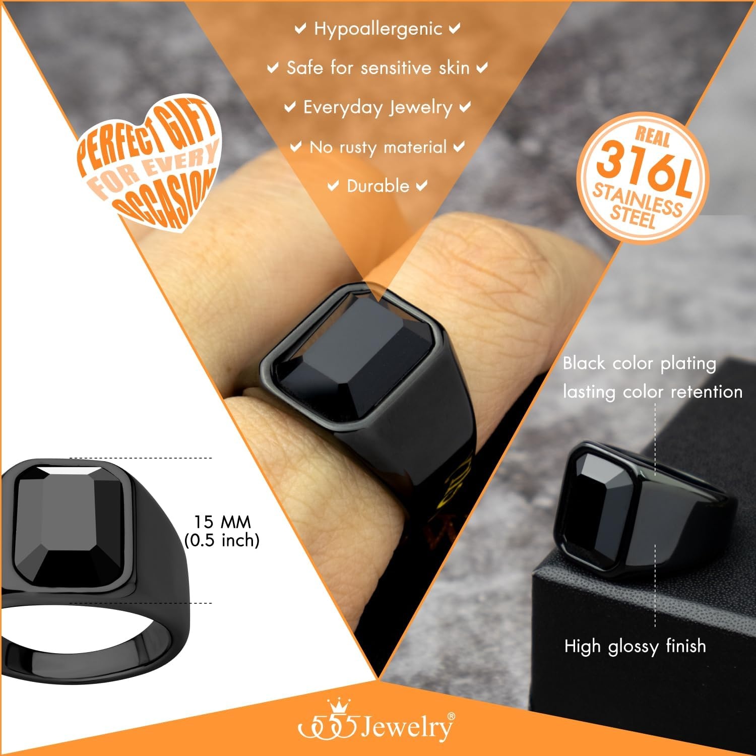 image:image555Jewelry Stainless Steel High Polish Plain Oval Black Onyx Signet Ring for MenBlack Black CZ