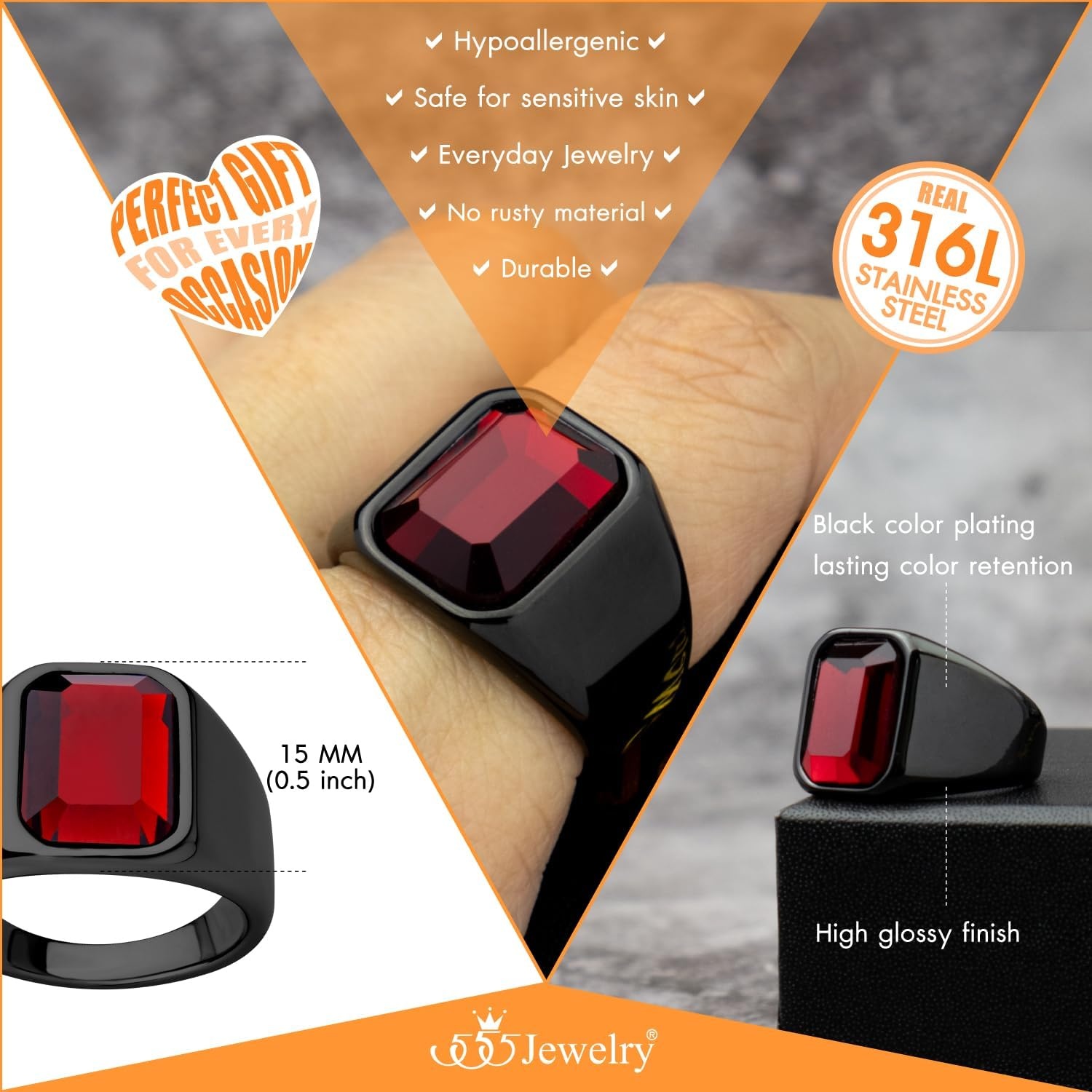 image:image555Jewelry Stainless Steel High Polish Plain Oval Black Onyx Signet Ring for MenBlack Red CZ