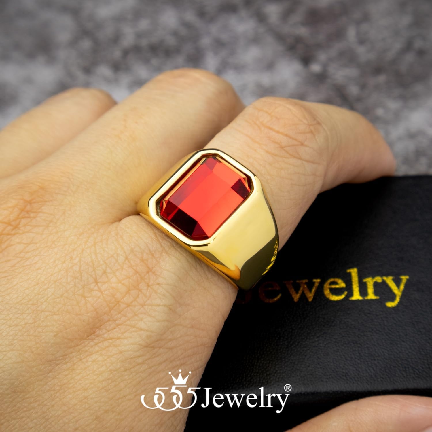 image:image555Jewelry Stainless Steel High Polish Plain Oval Black Onyx Signet Ring for MenGold Red CZ