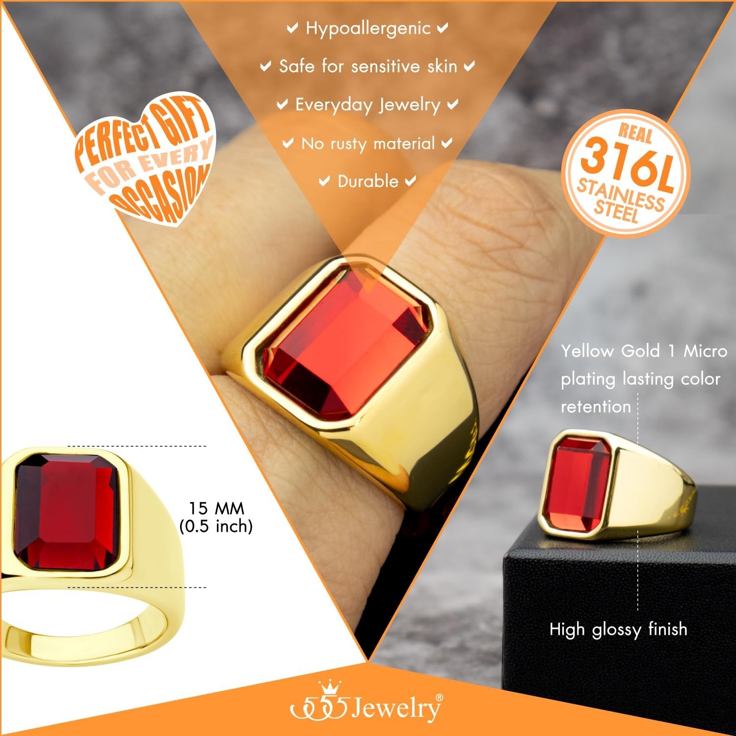 image:image555Jewelry Stainless Steel High Polish Plain Oval Black Onyx Signet Ring for MenGold Red CZ