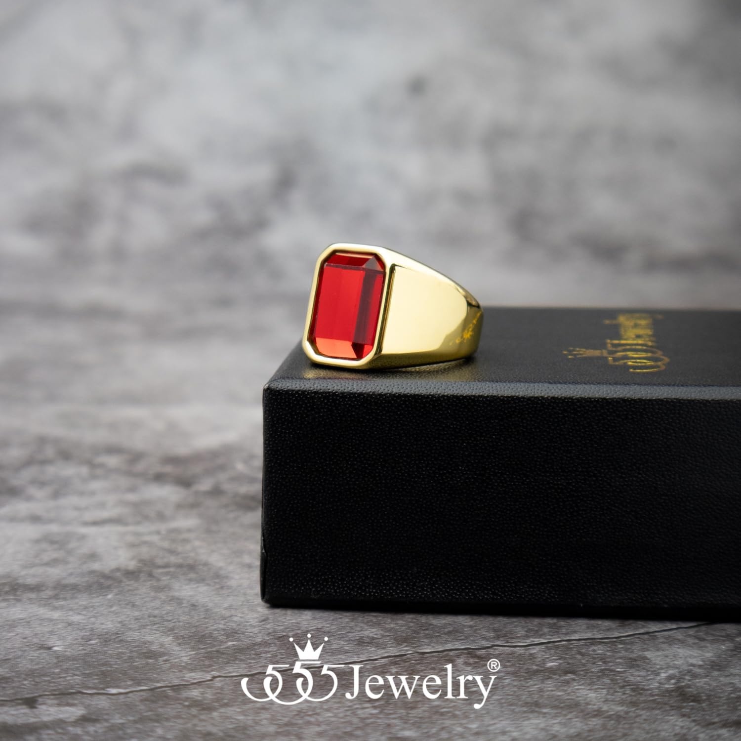 image:image555Jewelry Stainless Steel High Polish Plain Oval Black Onyx Signet Ring for MenGold Red CZ