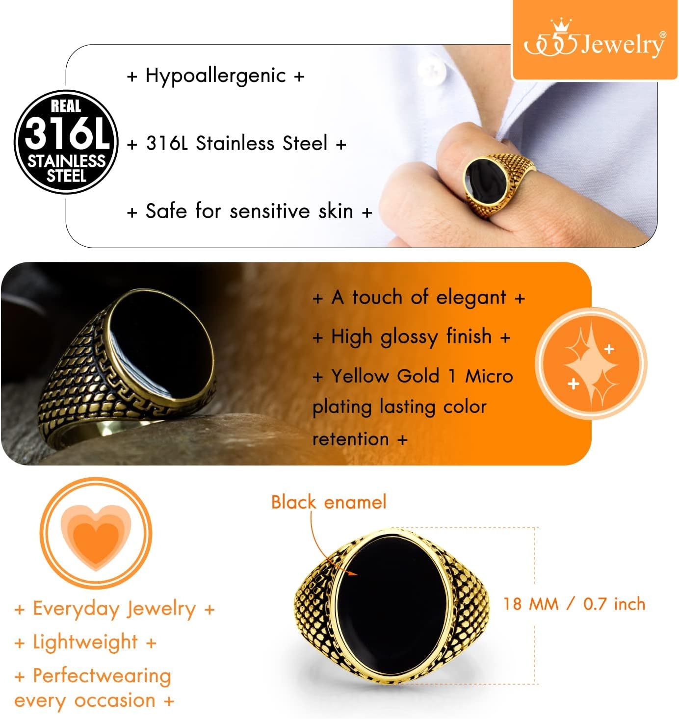 image:image555Jewelry Stainless Steel High Polish Plain Oval Black Onyx Signet Ring for MenGold Vintage