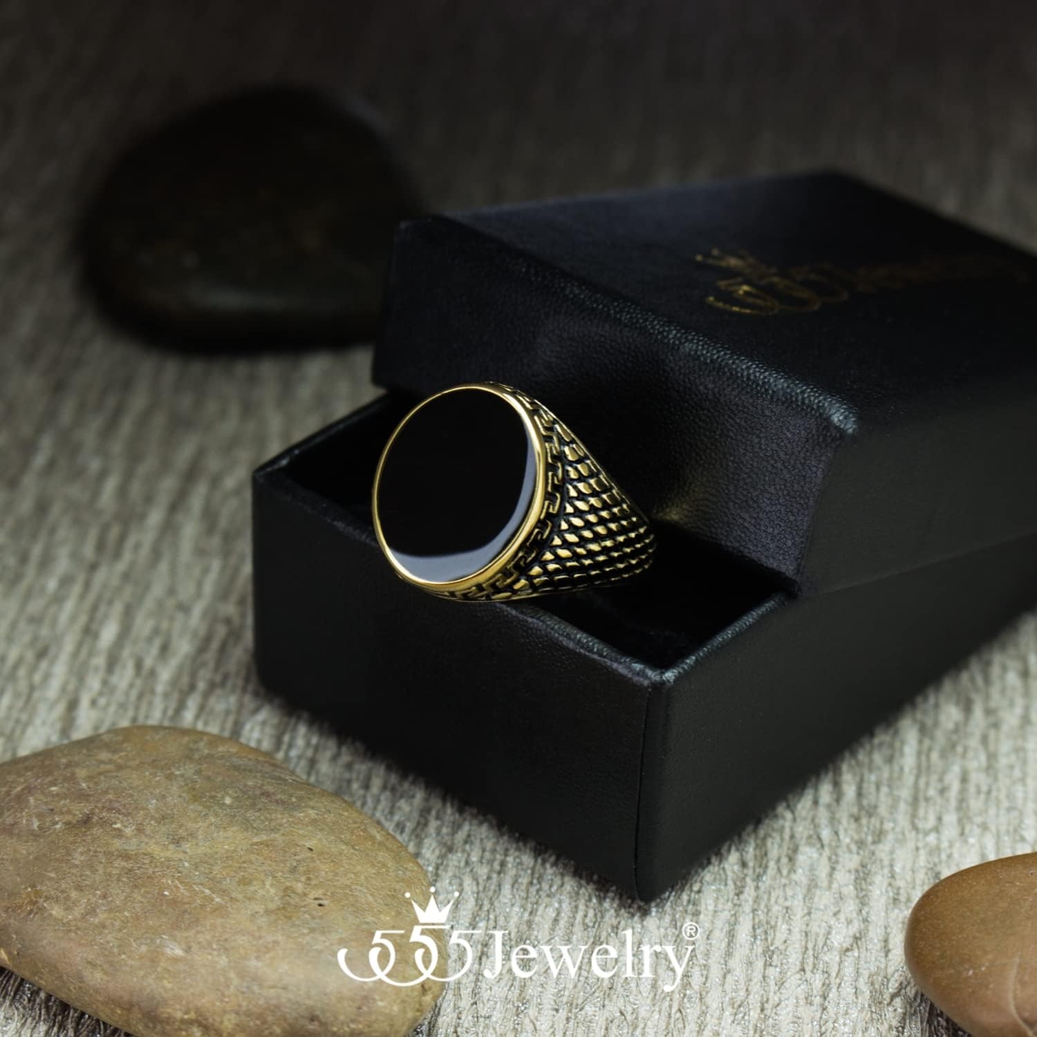 image:image555Jewelry Stainless Steel High Polish Plain Oval Black Onyx Signet Ring for MenGold Vintage