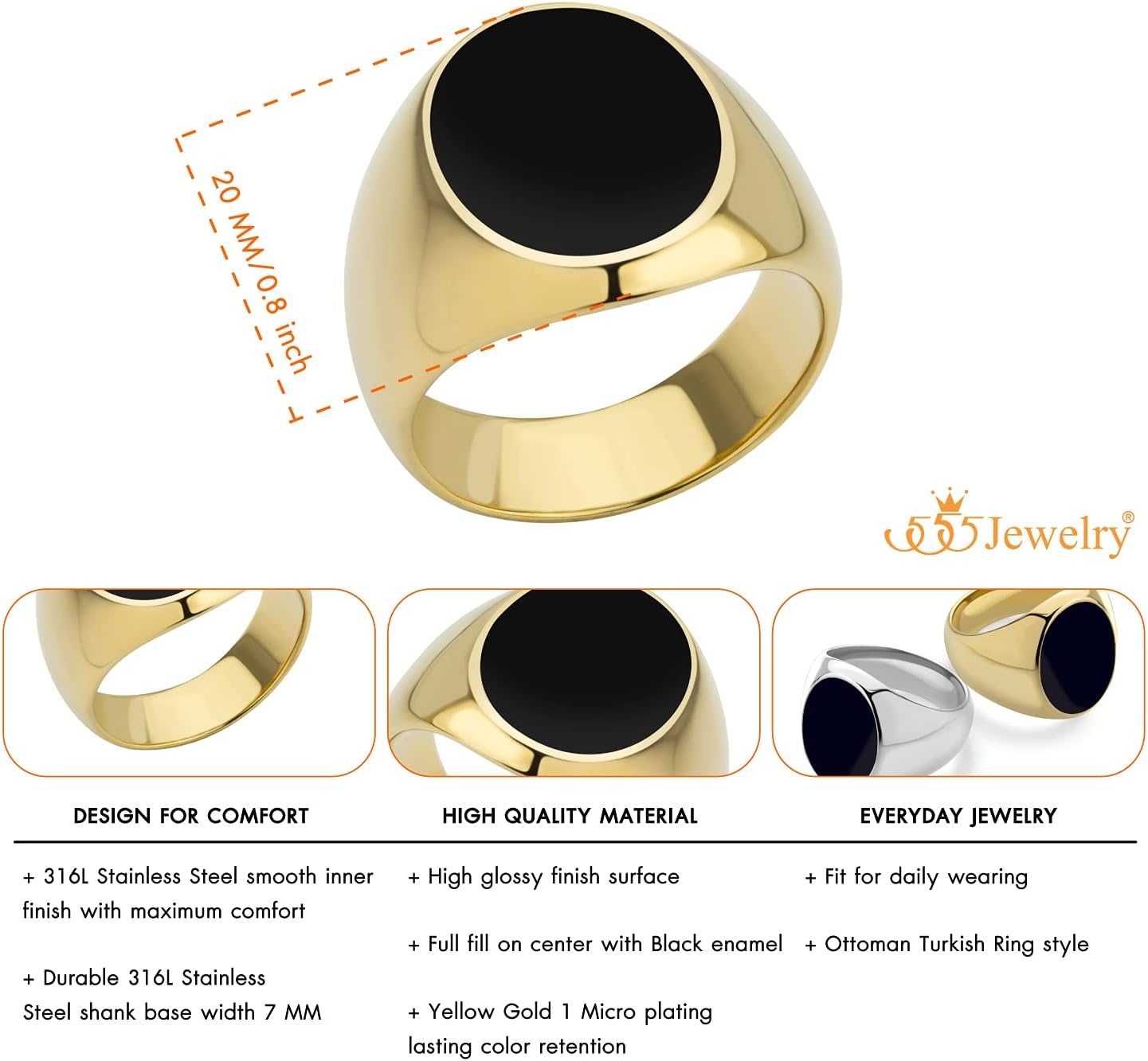 image:image555Jewelry Stainless Steel High Polish Plain Oval Black Onyx Signet Ring for MenGold