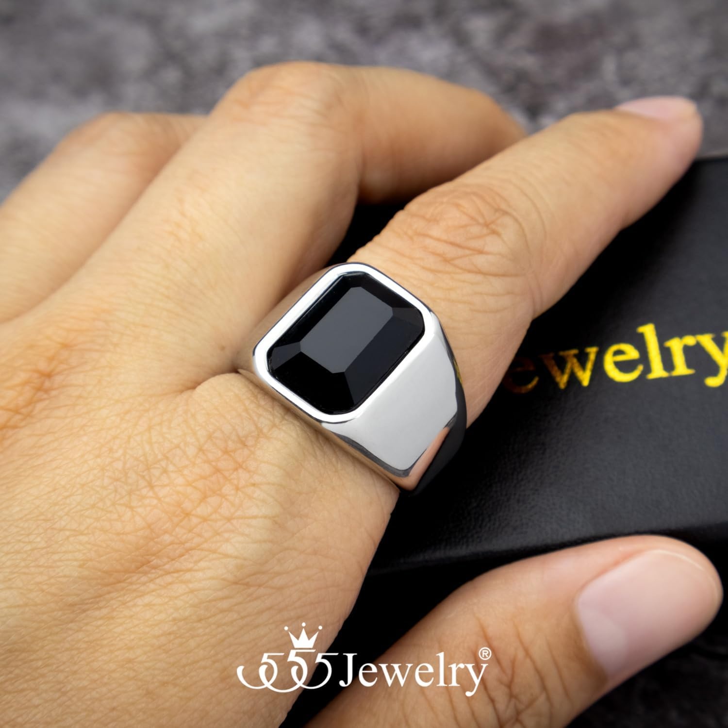 image:image555Jewelry Stainless Steel High Polish Plain Oval Black Onyx Signet Ring for MenSilver Black CZ