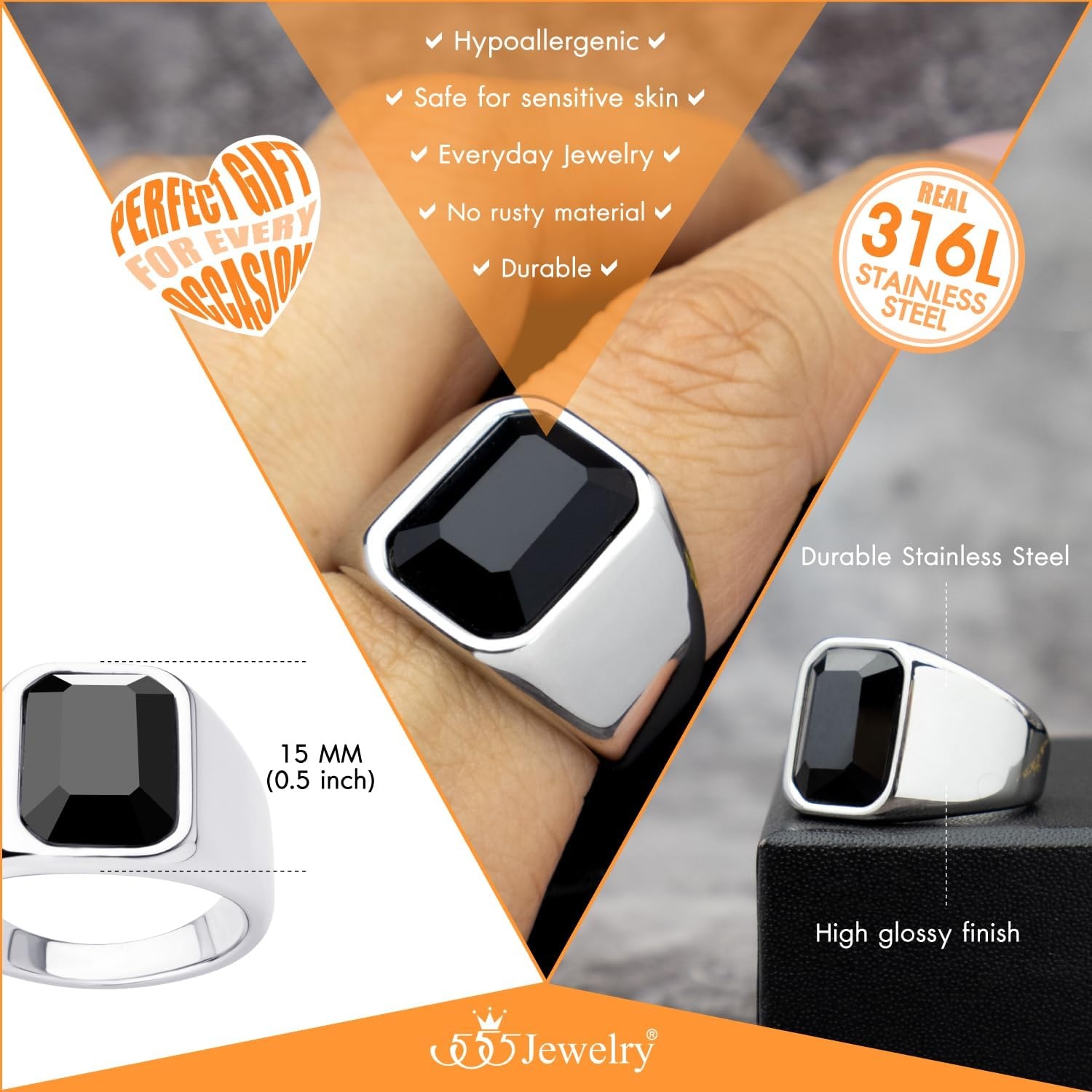 image:image555Jewelry Stainless Steel High Polish Plain Oval Black Onyx Signet Ring for MenSilver Black CZ