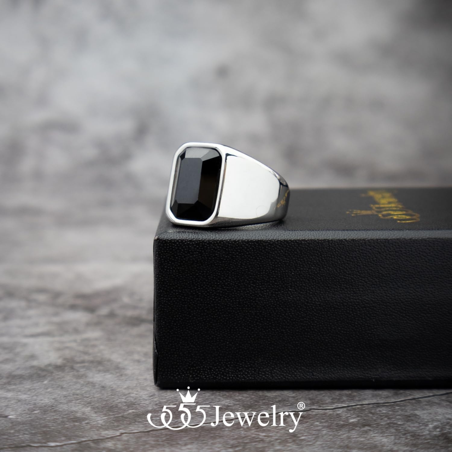 image:image555Jewelry Stainless Steel High Polish Plain Oval Black Onyx Signet Ring for MenSilver Black CZ