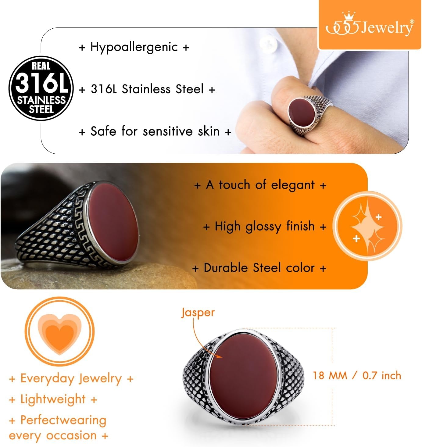 image:image555Jewelry Stainless Steel High Polish Plain Oval Black Onyx Signet Ring for MenSilver Jasper