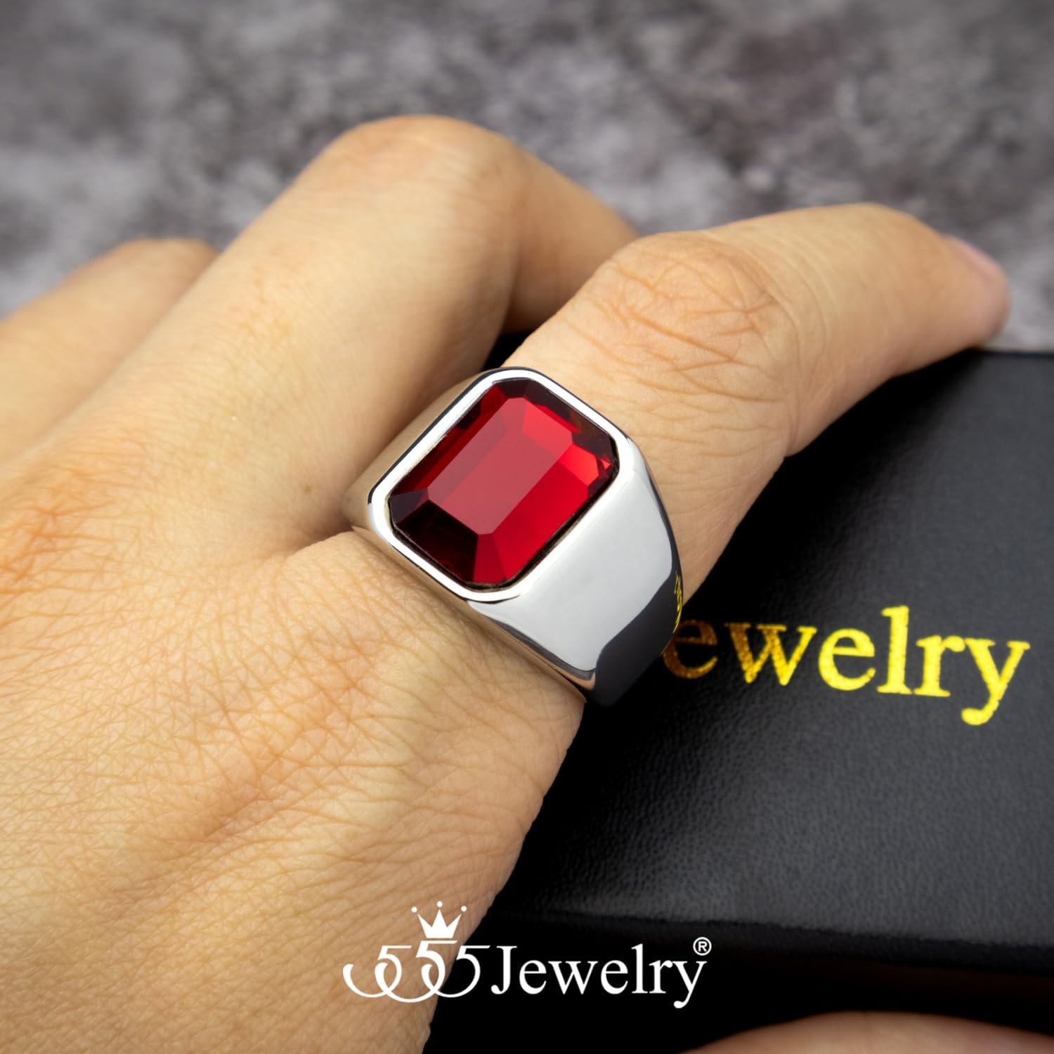 image:image555Jewelry Stainless Steel High Polish Plain Oval Black Onyx Signet Ring for MenSilver Red CZ